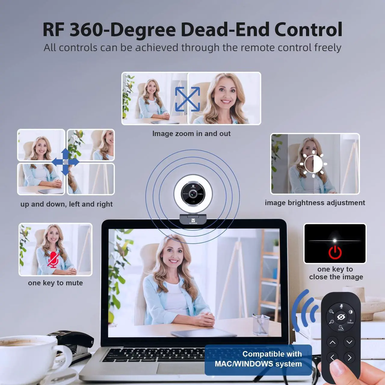 Alt view image 4 of 5 - Zoomable Webcam with Remote Control, Vitade 1080P 60FPS Streaming Webcam with Ring Light and Microphone, Pro USB Webcam with 5X Digital Zoom Built in Privacy Cover for Zoom/Skype Teams/PC/Laptop/Mac