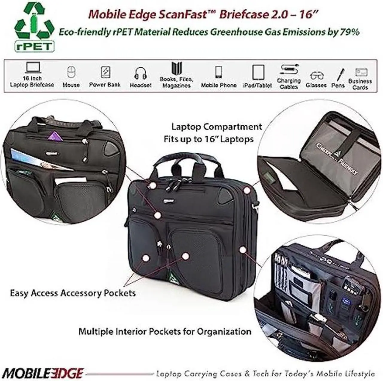 Alt view image 2 of 5 - Mobile Edge ScanFast Checkpoint and Eco Friendly Laptop Briefcase 16 Inch PC, 17 Inch Compatible with Macbook for Men, Women, Business Travel, Black MESFBC2.0