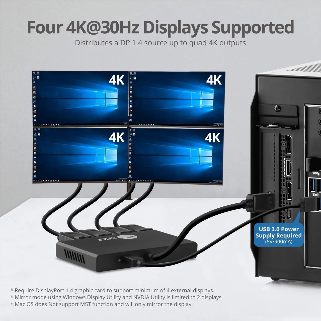 Alt view image 3 of 5 - SIIG DisplayPort 1.4 to DisplayPort MST Hub Video Splitter 4K - DisplayPort Splitter 1 in 4 Out, Multi Stream Transport DisplayPort Hub, DP Daisy Chain Monitor, Not for MacOS (CE-DP0R11-S1)