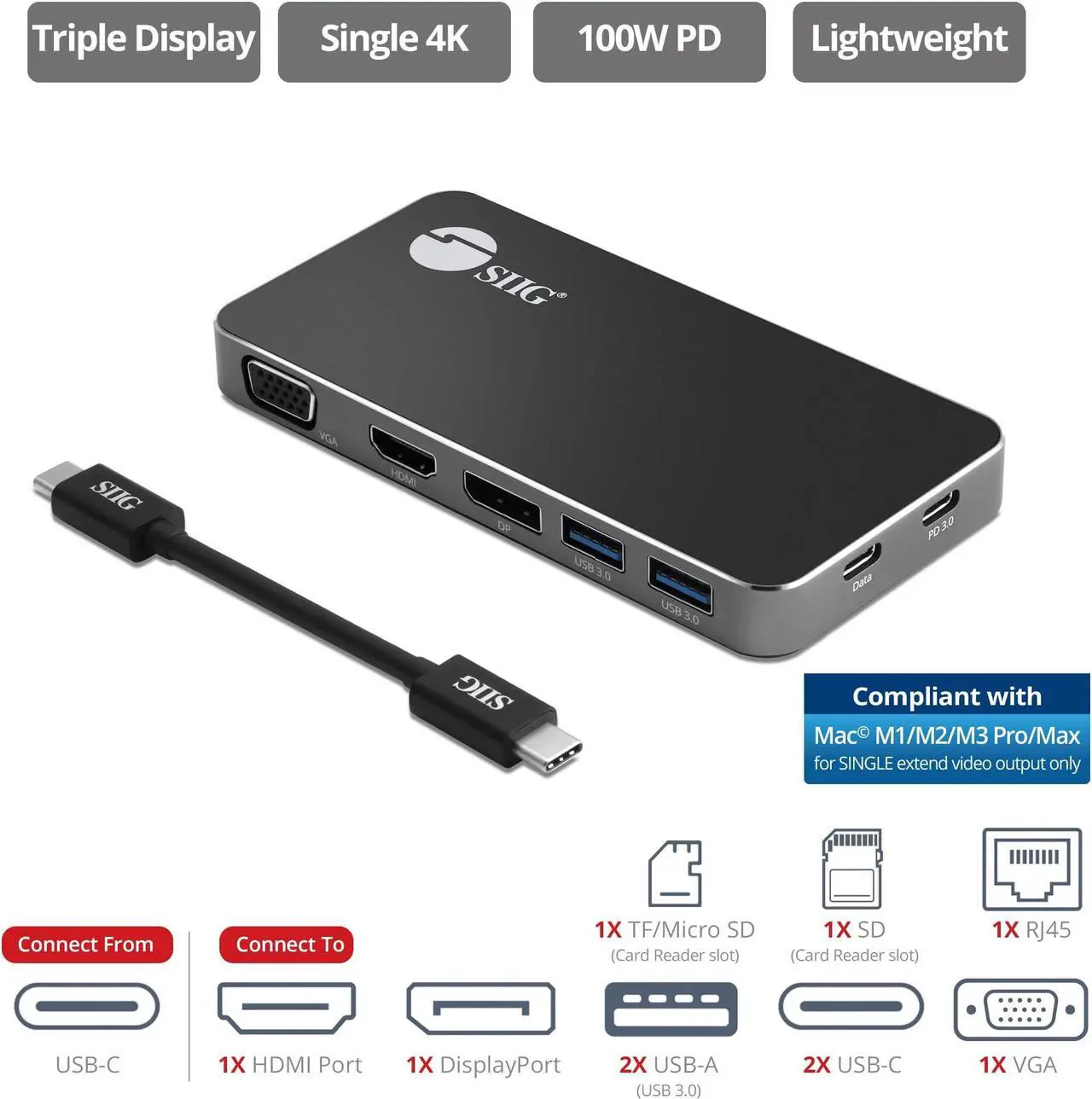 Alt view image 2 of 5 - SIIG 4K USB-C MST Laptop Docking Station Thunderbolt 3 Compatible with 100W PD Supports Windows & Chromebooks, Mac M1/M2/M3 Pro/Max for Single Extend Video Output only