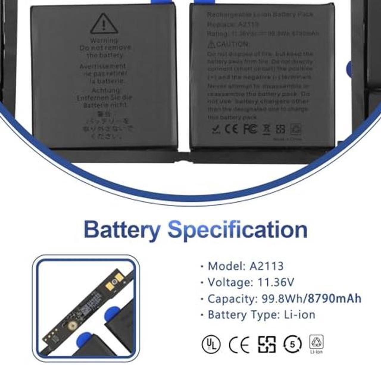 Alt view image 2 of 5 - A2141 Battery Replacement, A2113 Battery for MacBook Pro 16 Inch A2141, Release 2020 2019, EMC 3347, MVVL2 MVVL2LL/A MVVM2 MVVM2LL/A MVVJ2 MVVJ2LL/A MVVK2 MVVK2LL/A 11.36V 99.8Wh 8790mAh