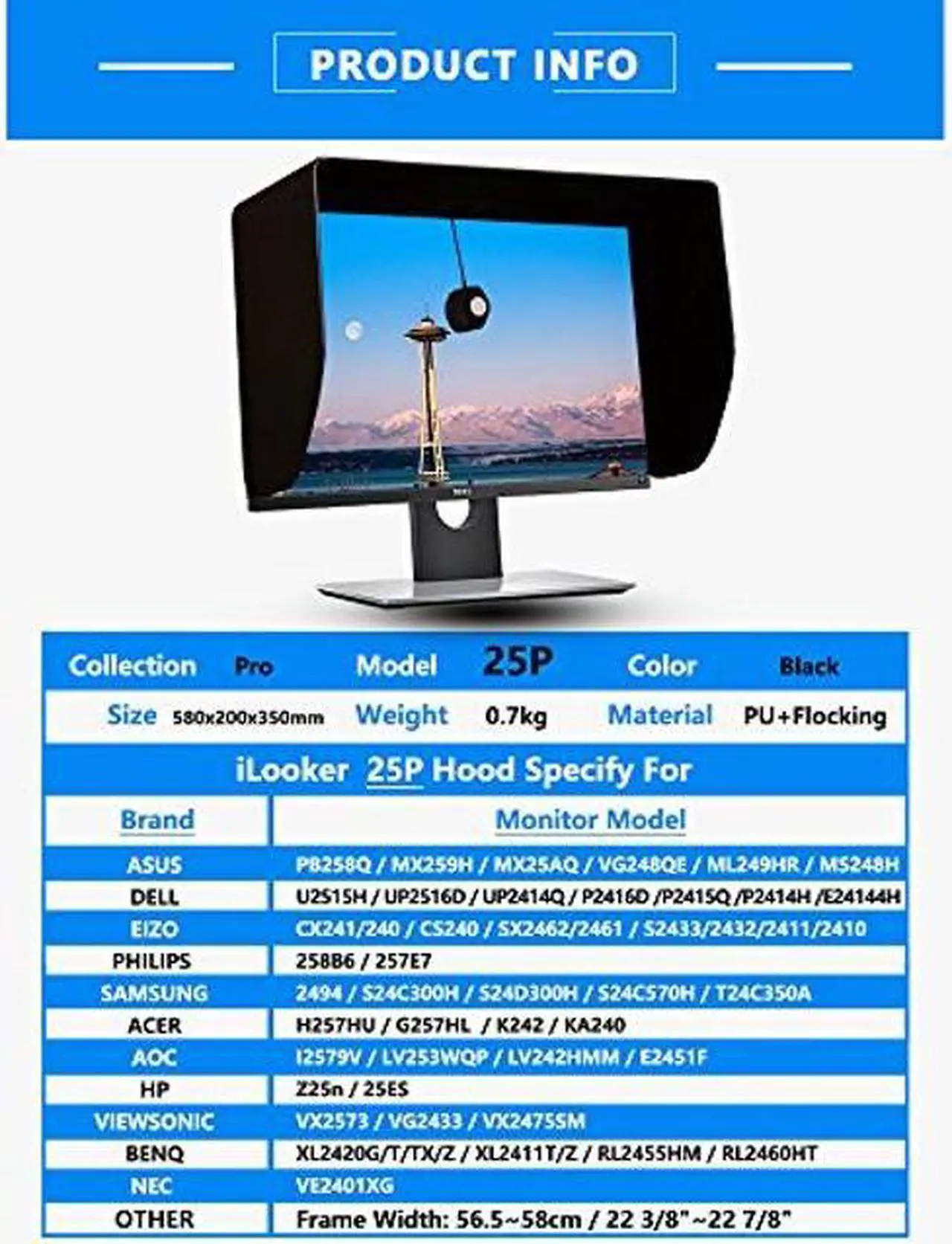 Alt view image 2 of 5 - iLooker-25P 25&24 inch Thick Frame LCD LED Video Monitor Hood Sunshade Sunhood for Dell HP Viewsonic Philips Samsung LG EIZO NEC ASUS ACER BENQ AOC Lenovo iMac Fits Monitor Frame Width 565-580mm
