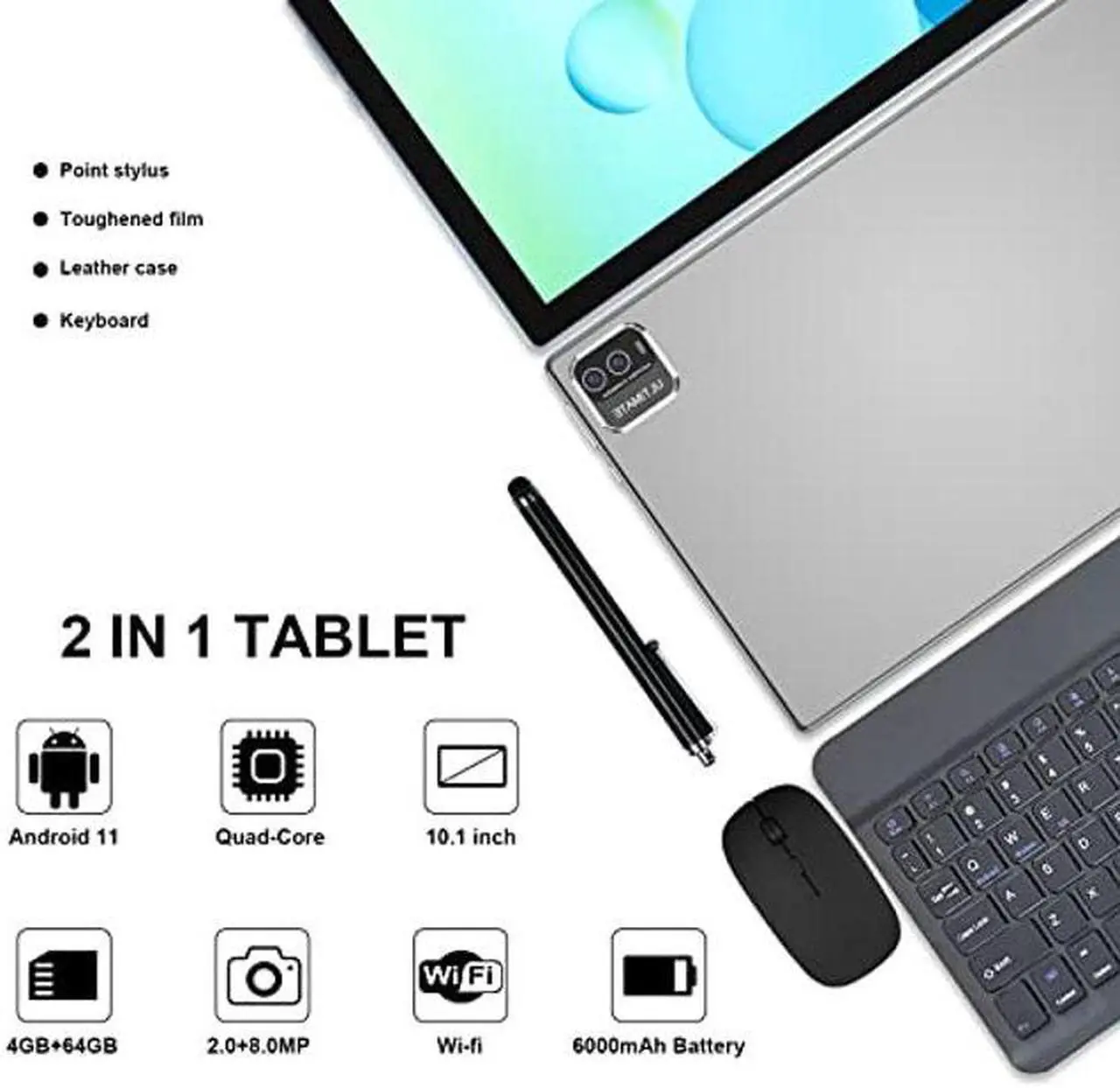 Alt view image 3 of 5 - ATOZEE 10.1 Inch Tablet PC with Keyboard Case, Mouse, Protective Film, Stylus, 64GB ROM, 4GB RAM, Android 11.0, Dual 8MP Camera, 6000mAh Battery, IPS, WIFI, Bluetooth, Silver