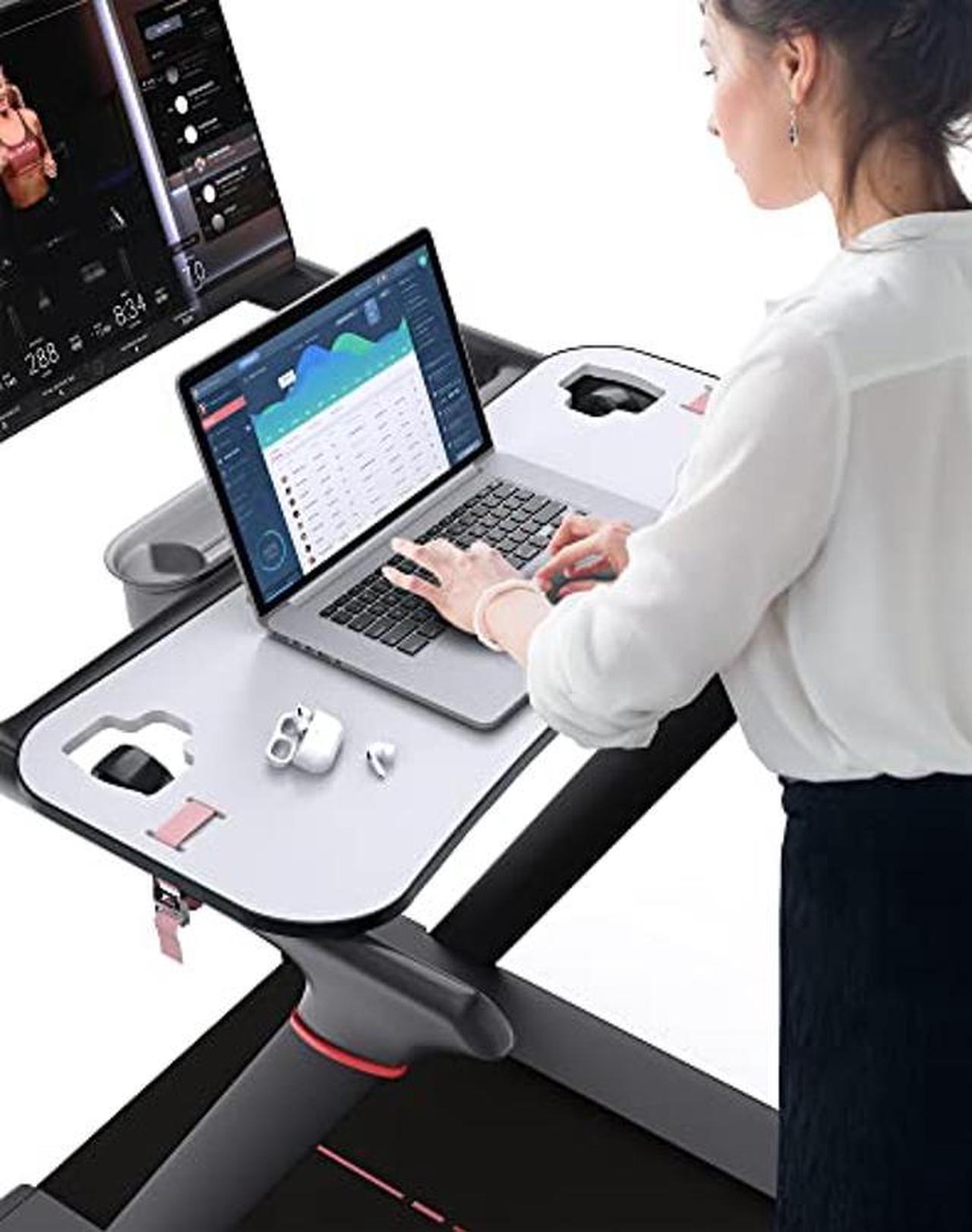Alt view image 2 of 5 - Qsxou Treadmill Desk Attachment,Peleton Tread Tray Accessories Laptop Stand with Tablet Holder and Edge Protector,Treadmill Workstation for Home/Office