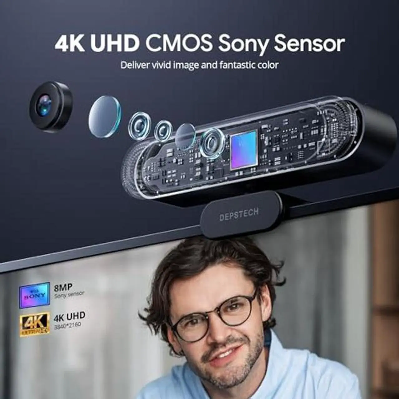 Alt view image 2 of 5 - DEPSTECH 4K Webcam, Ultra HD 1/2.55'' Sony Sensor, 3X Digital Zoom, Dual Noise-Canceling Microphones, Remote Control, Auto Focus, Streaming Webcam for PC, Mac, Laptop, Video Call, Zoom, Skype, Teams