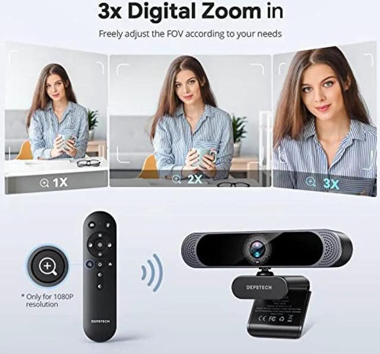 Alt view image 3 of 5 - DEPSTECH 4K Webcam, Ultra HD 1/2.55'' Sony Sensor, 3X Digital Zoom, Dual Noise-Canceling Microphones, Remote Control, Auto Focus, Streaming Webcam for PC, Mac, Laptop, Video Call, Zoom, Skype, Teams