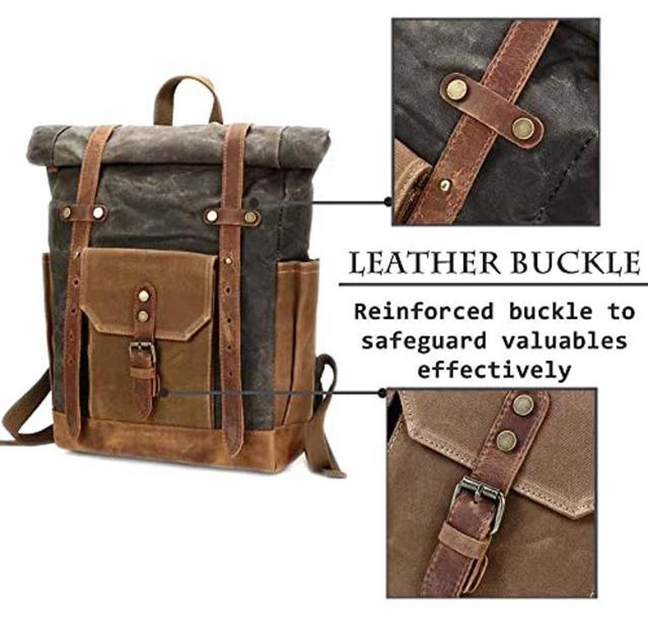 Alt view image 2 of 5 - CRUITBILI Waxed Canvas Leather Hiking Travel Waterproof Backpack for College Weekend Travel Fit 15in laptops (Classic Khaki)