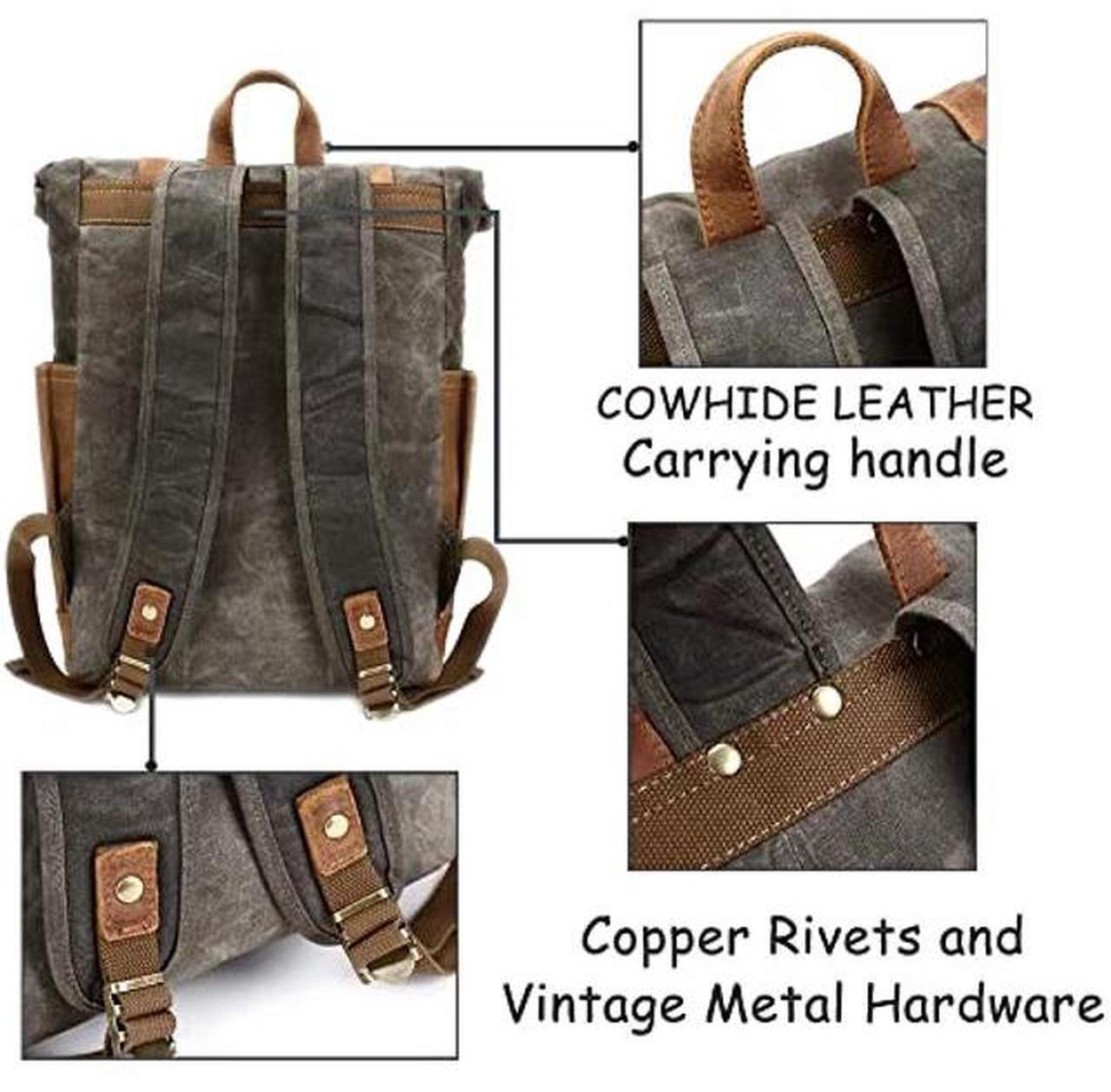 Alt view image 4 of 5 - CRUITBILI Waxed Canvas Leather Hiking Travel Waterproof Backpack for College Weekend Travel Fit 15in laptops (Classic Khaki)