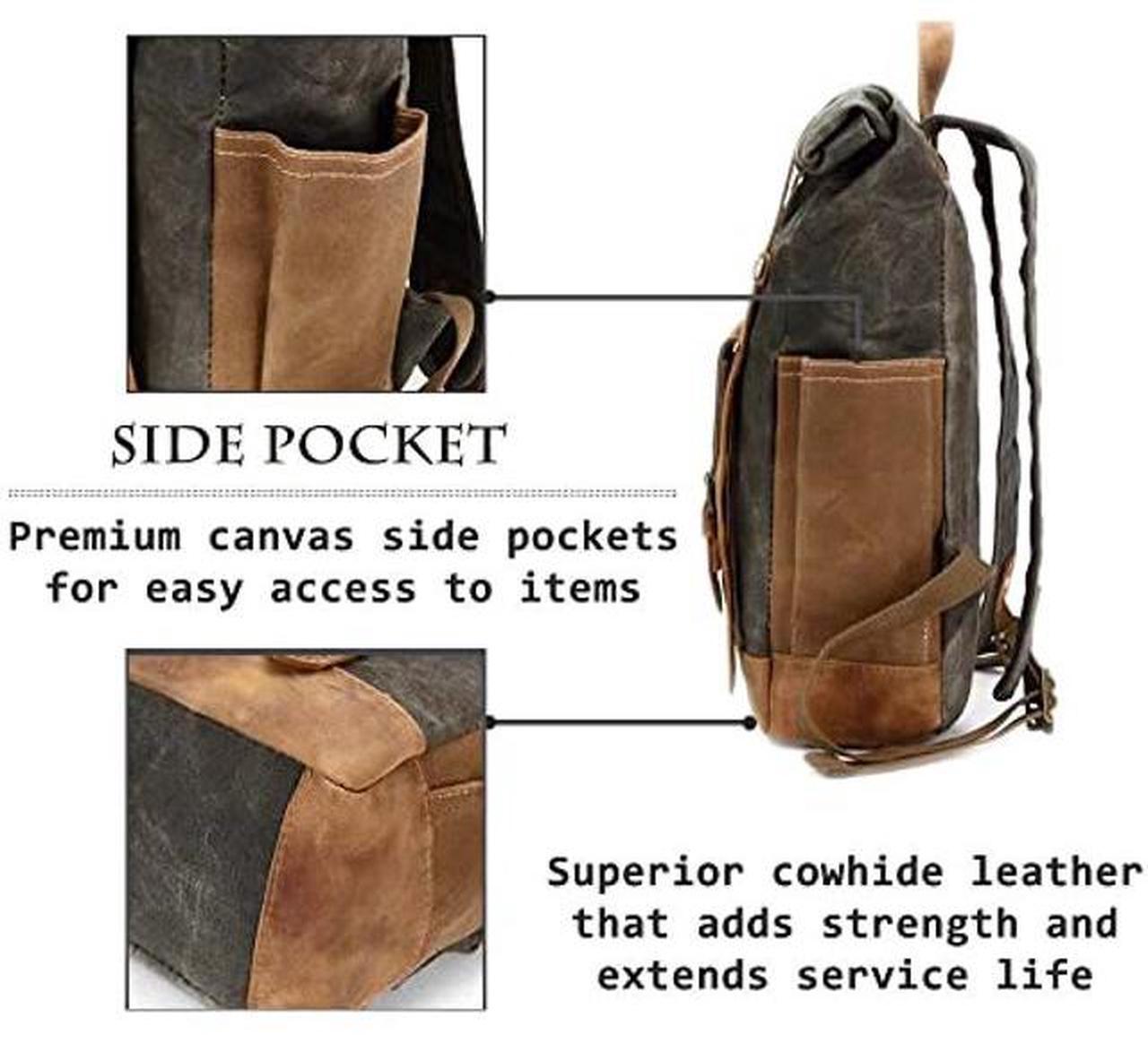 Alt view image 3 of 5 - CRUITBILI Waxed Canvas Leather Hiking Travel Waterproof Backpack for College Weekend Travel Fit 15in laptops (Classic Khaki)