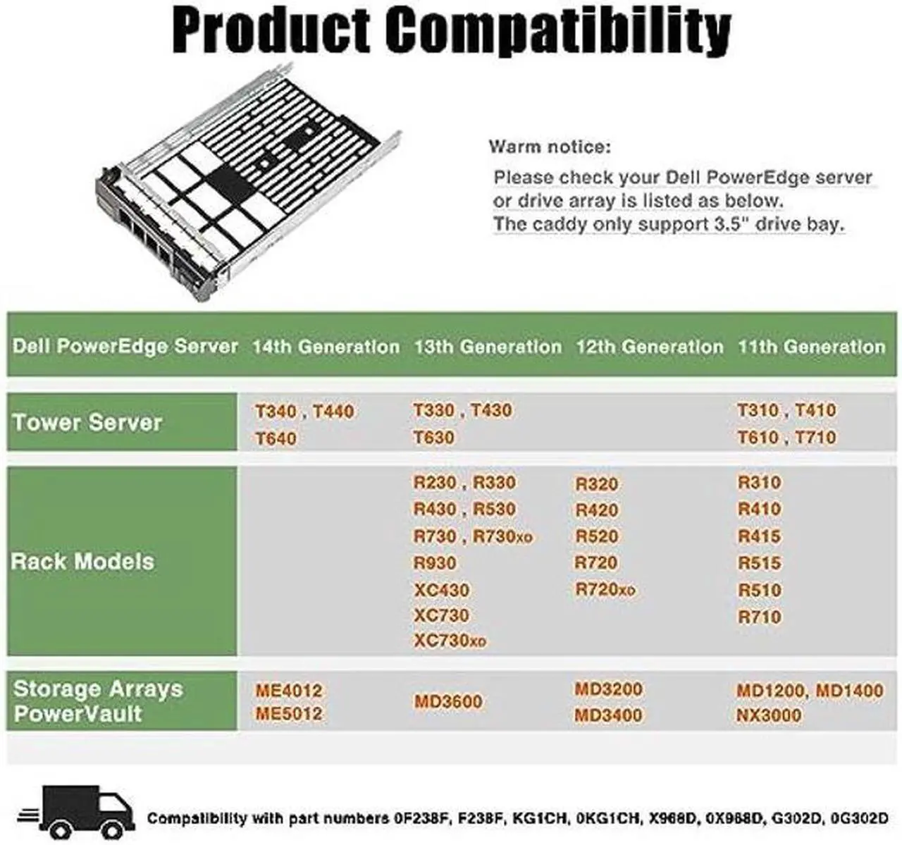 Alt view image 2 of 5 - Hard Drive Caddy 3.5" SAS SATA Drive Caddy F238F 0F238F SSD Bracket Compatible for Dell PowerEdge 14th/13th/12th/11th Generation T340 T440 T640 R530 R730 R930 R520 R720 R720XD, 10 Pack