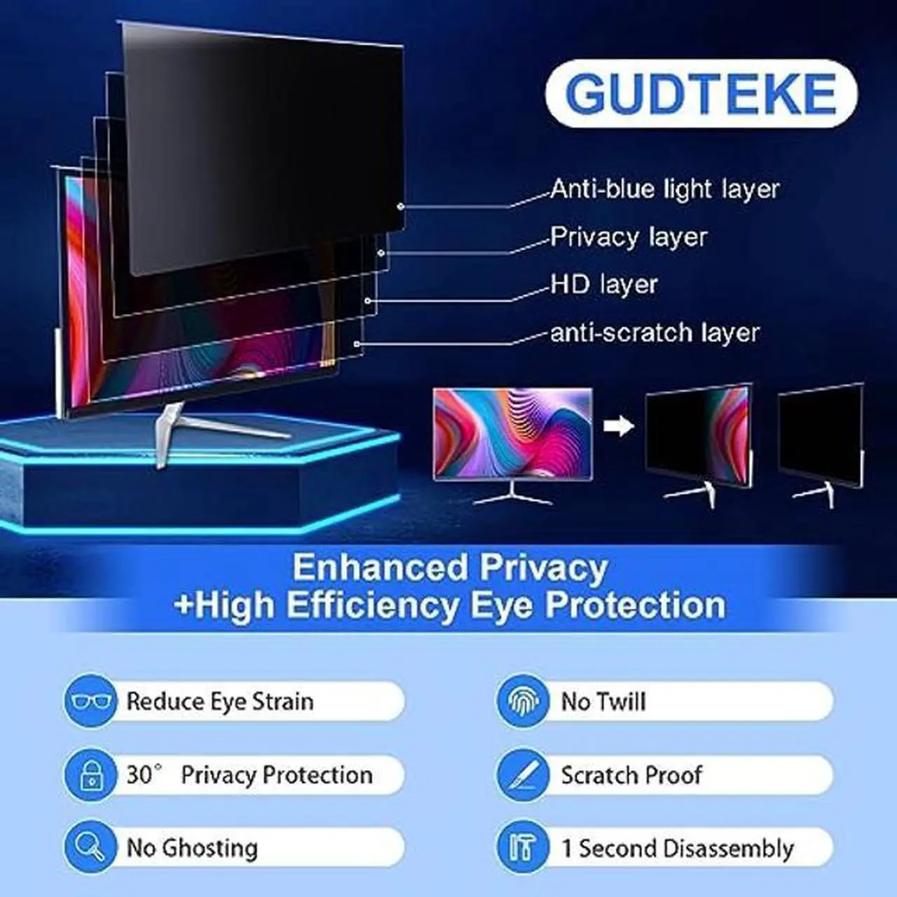 Alt view image 2 of 5 - GUDTEKE Computer Privacy Screen Filter 27" Hanging Privacy Screen Protector Compatible Widescreen Computer Monitor with Aspect Ratio 16:9,Anti-Glare Privacy Screen Protector (27" Diagonal (16:9))