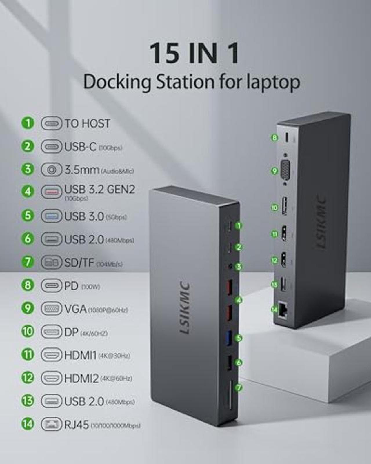 Alt view image 2 of 5 - Dual Monitor Docking Station, Multi-Port USB C Dock(15-in-1) Supports Dual/Triple Display with 2 HDMI, DP, VGA, 100W PD, Ethernet, 4 USB Ports, SD/TF Card Slots, Compatible with USB C Laptops
