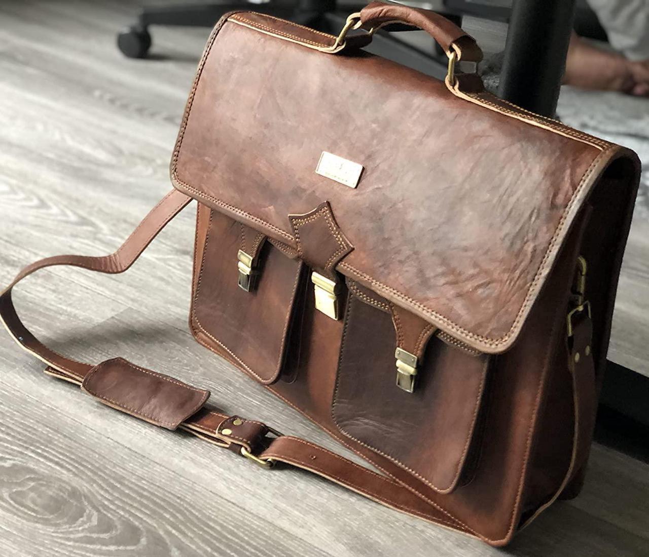 Alt view image 2 of 5 - HULSH Leather Briefcase for Men 18 Inch | Full Grain Large Leather Messenger Bag for Men | Handmade Vintage Genuine Leather Laptop Bag for Men and Women with Rustic Look | Best Brown Leather Bag