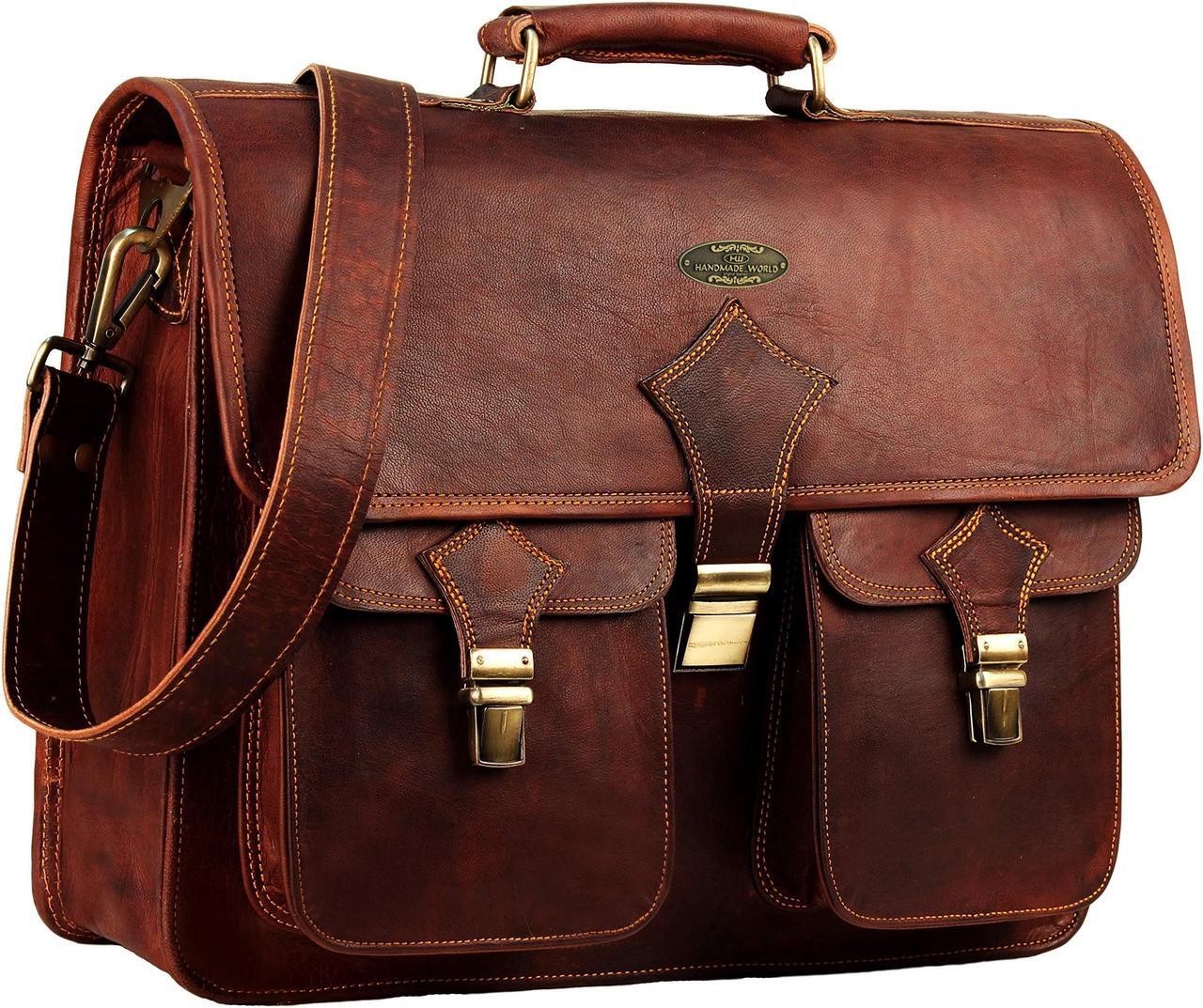 Main image of HULSH Leather Briefcase for Men 18 Inch | Full Grain Large Leather Messenger Bag for Men | Handmade Vintage Genuine Leather Laptop Bag for Men and Women with Rustic Look | Best Brown Leather Bag