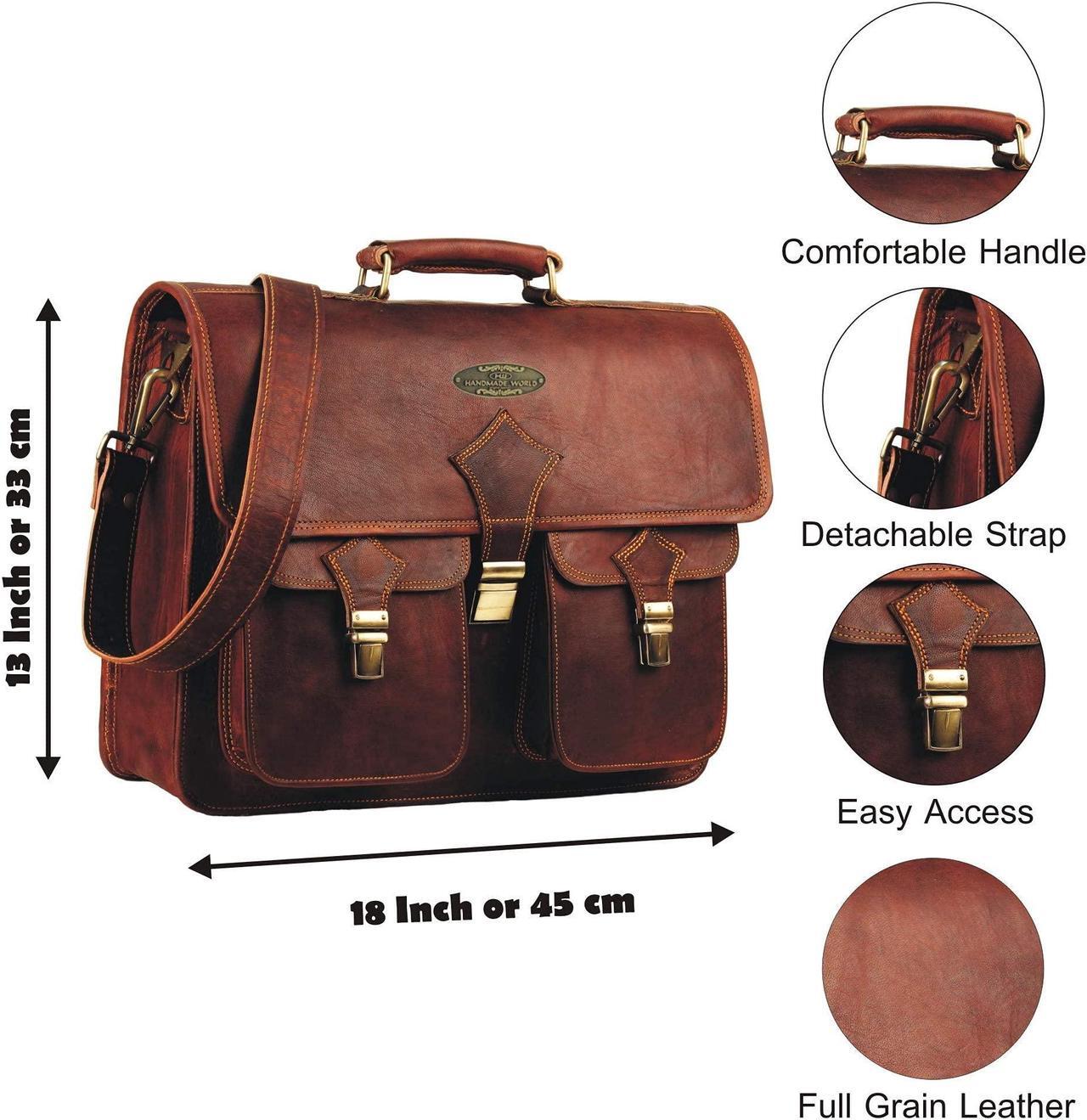 Alt view image 5 of 5 - HULSH Leather Briefcase for Men 18 Inch | Full Grain Large Leather Messenger Bag for Men | Handmade Vintage Genuine Leather Laptop Bag for Men and Women with Rustic Look | Best Brown Leather Bag