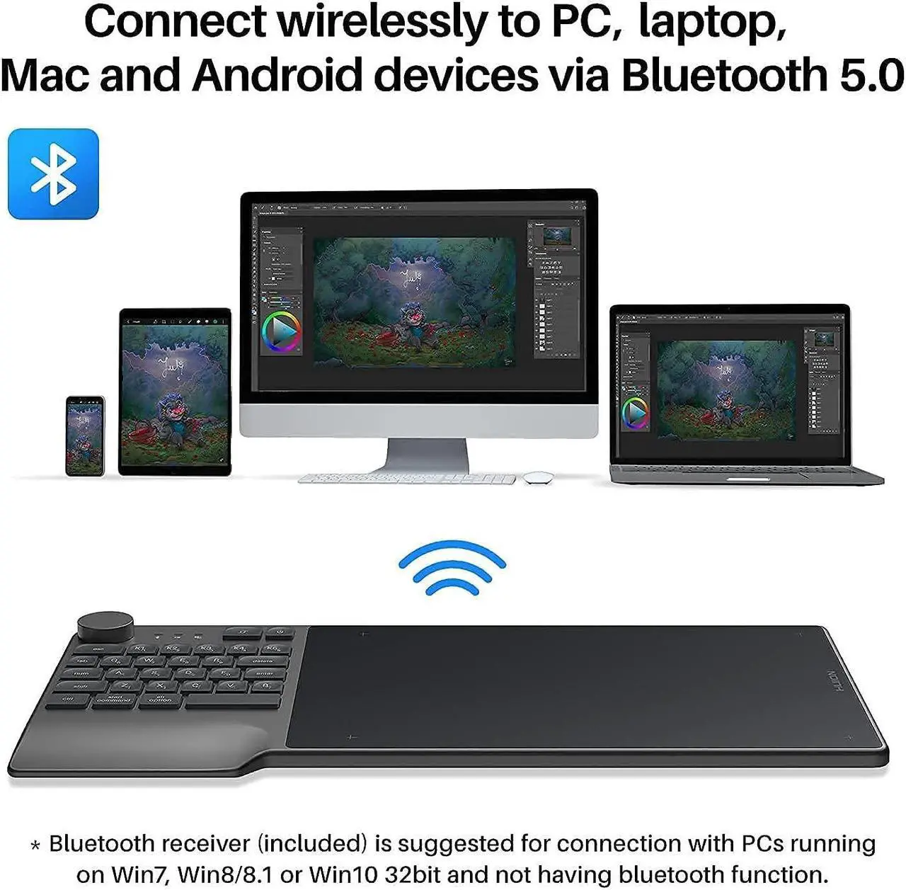 Alt view image 2 of 5 - HUION Inspiroy Keydial KD200 Bluetooth 5.0 Wireless Graphics Drawing Tablet with Keyboard Dial 5 Customized Express Keys and 10 Pack Replacement Nibs PN05A for PW517