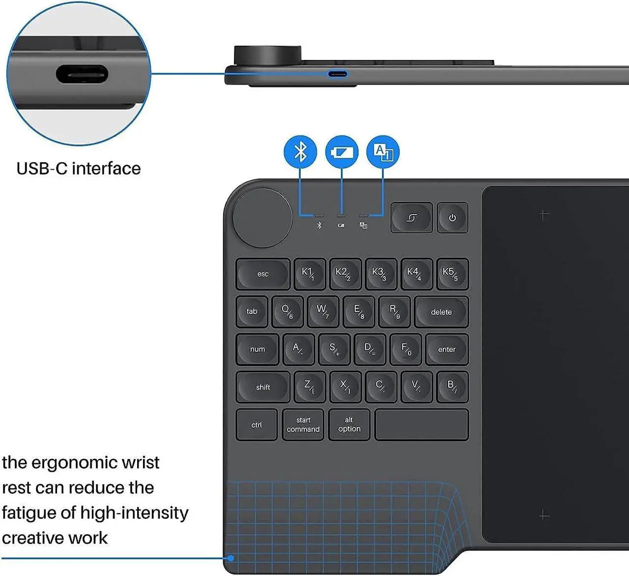 Alt view image 4 of 5 - HUION Inspiroy Keydial KD200 Bluetooth 5.0 Wireless Graphics Drawing Tablet with Keyboard Dial 5 Customized Express Keys and 10 Pack Replacement Nibs PN05A for PW517