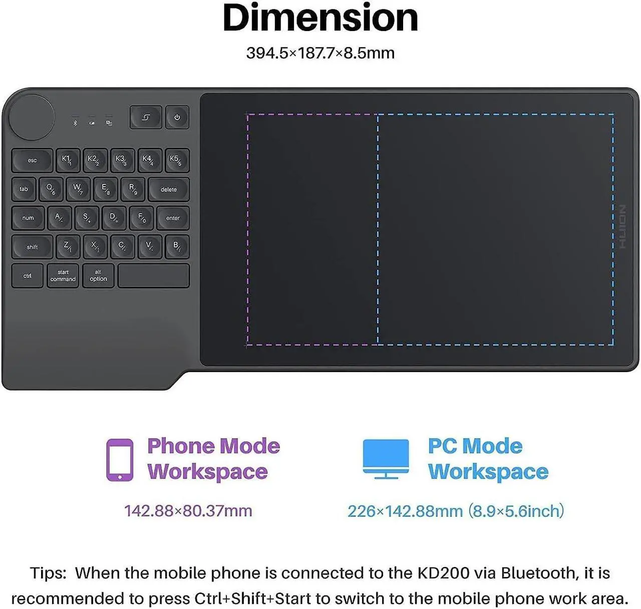 Alt view image 5 of 5 - HUION Inspiroy Keydial KD200 Bluetooth 5.0 Wireless Graphics Drawing Tablet with Keyboard Dial 5 Customized Express Keys and 10 Pack Replacement Nibs PN05A for PW517