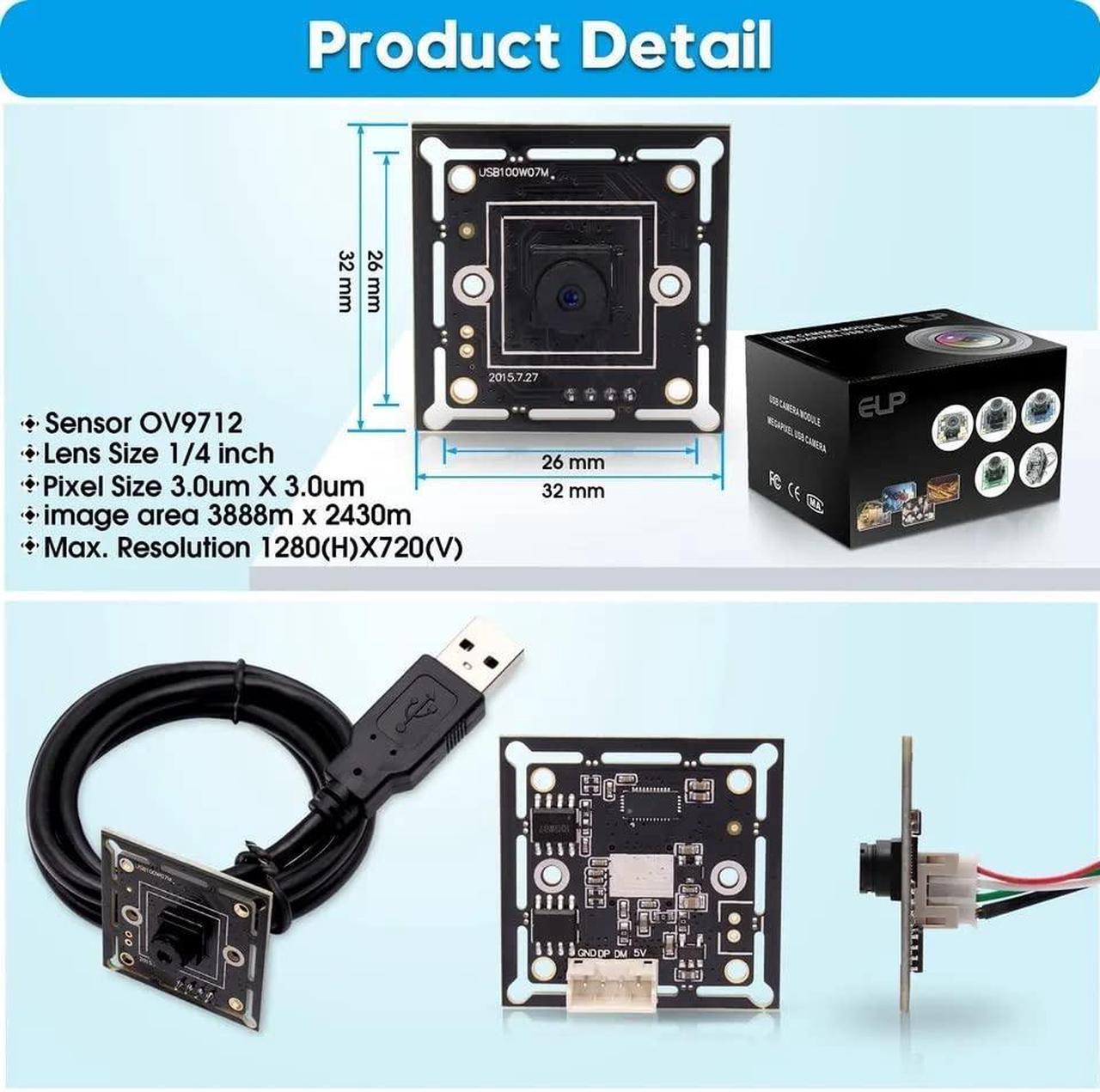 Alt view image 3 of 5 - ELP USB Camera Module Super Mini 720p Wide Angle with 100degree M7 Lens Megapixel HD OV9712 Embedded Webcam Board for Computer USB2.0 UVC Video PC Opencv Camera Module,with 3.3ft/1m Cable for Laptop