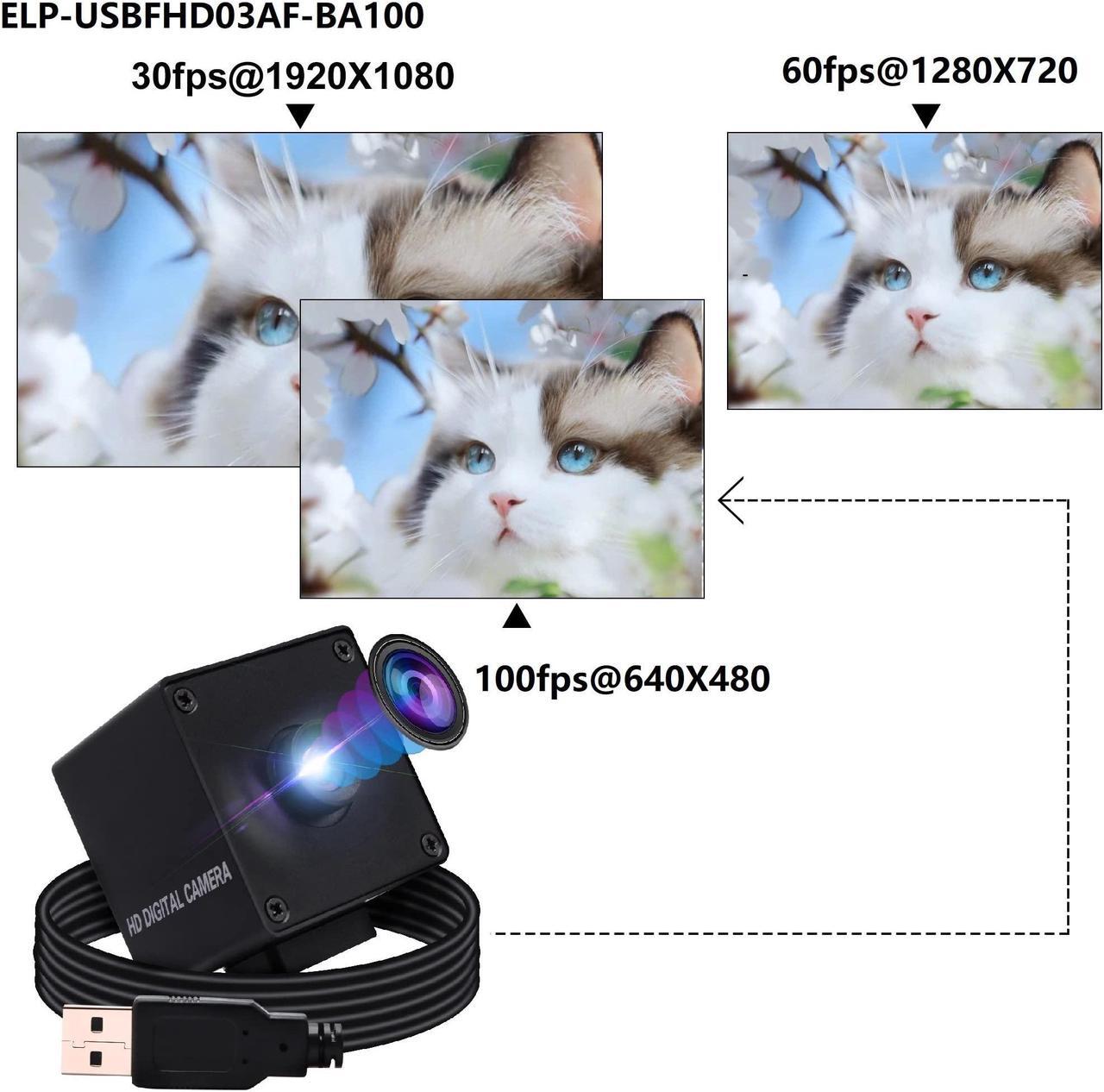 Alt view image 4 of 5 - ELP 1080P USB Camera with Box Housing Autofocus High Speed PC Camera Wide Angle with 100degree No Distortion Lens Mini UVC USB2.0 Webcam OV2710 High Frame 100fps 60fps USB with Camera for Computer