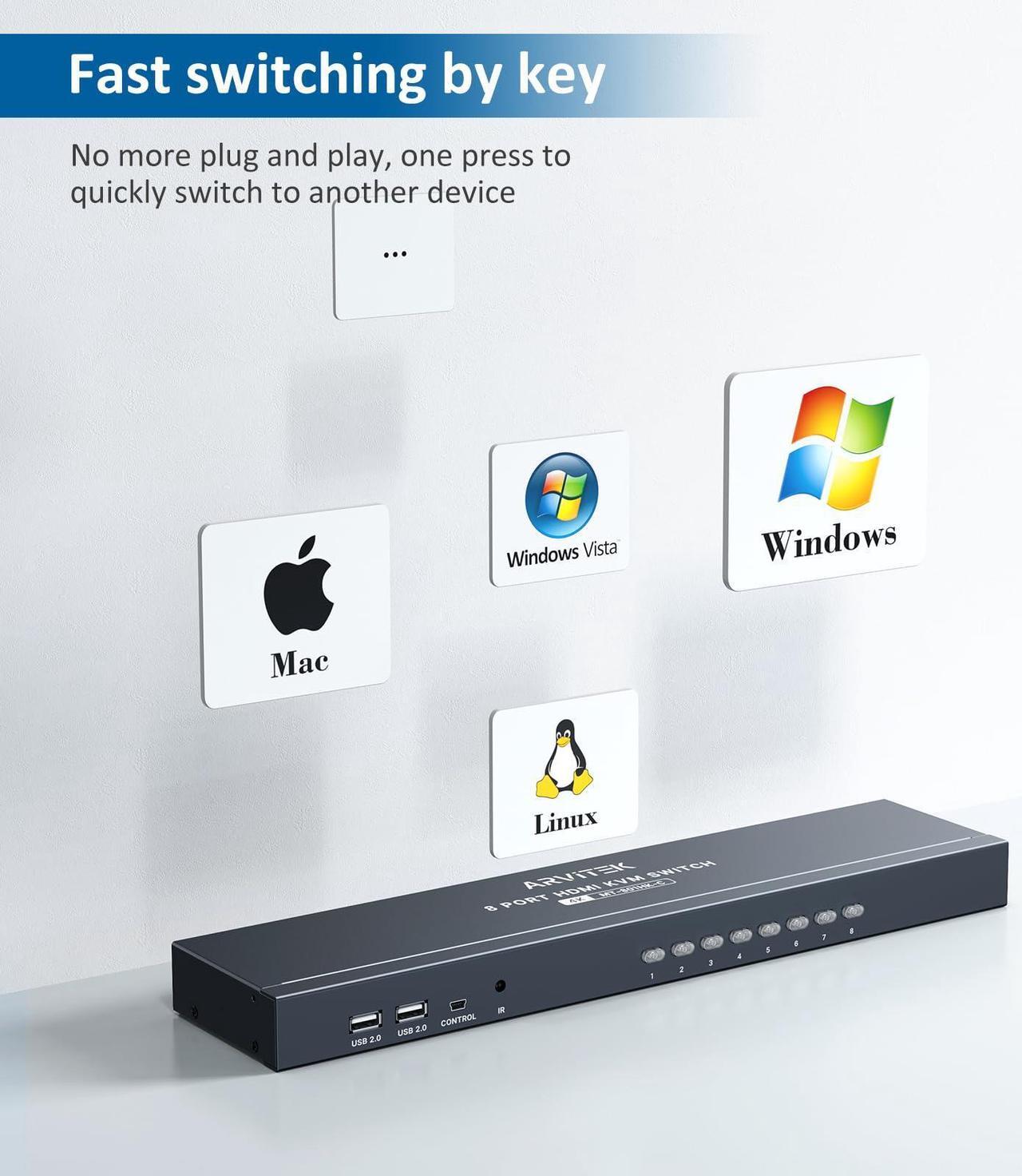 Alt view image 2 of 5 - Arvitek HDMI KVM Switch 8 Port 4K@30Hz, 8 in 1 Out KVM Switcher with USB2.0 Hubs+ IR Remote Control + Desktop Selector + 8 PCs 2 in 1 kvm Cables
