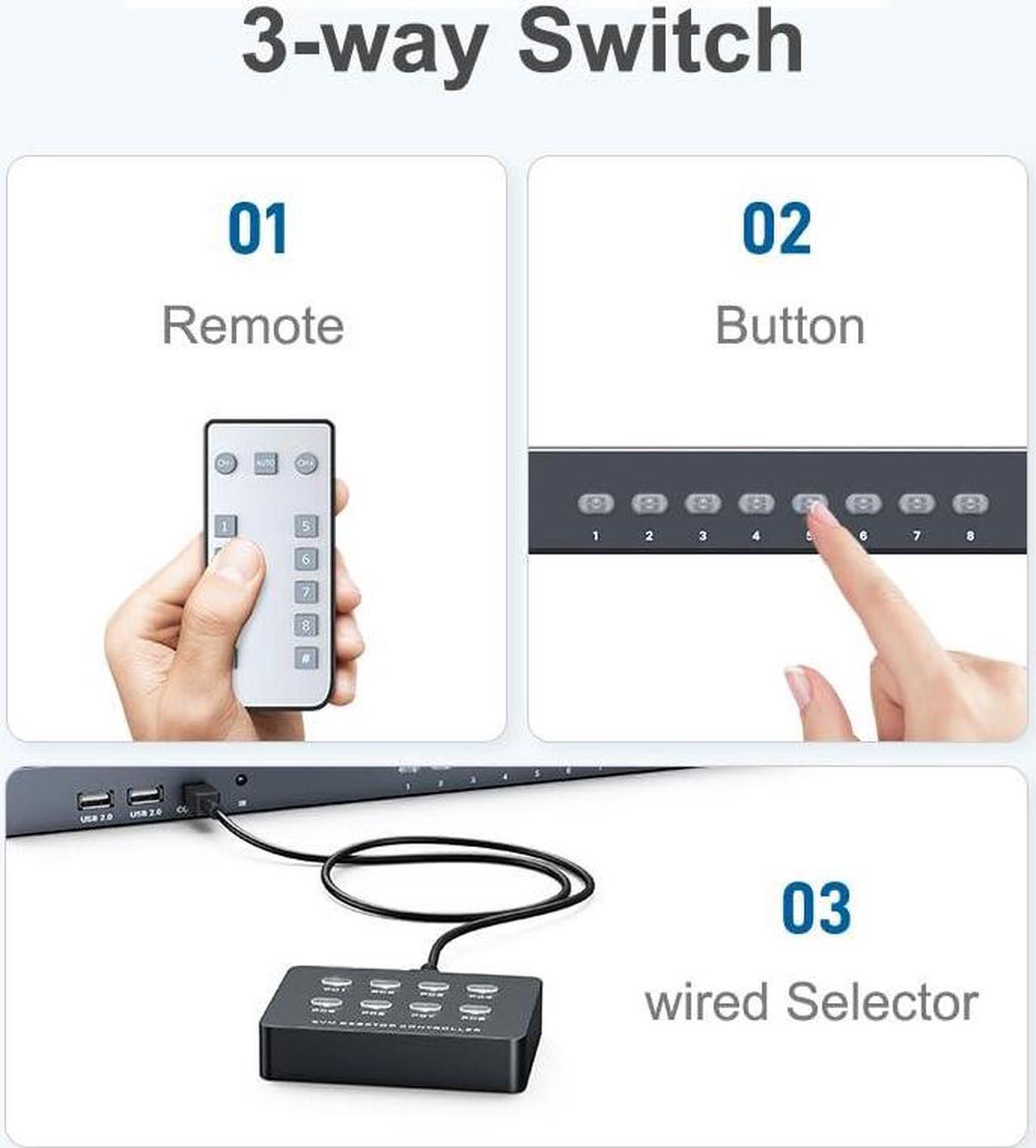 Alt view image 4 of 5 - Arvitek HDMI KVM Switch 8 Port 4K@30Hz, 8 in 1 Out KVM Switcher with USB2.0 Hubs+ IR Remote Control + Desktop Selector + 8 PCs 2 in 1 kvm Cables