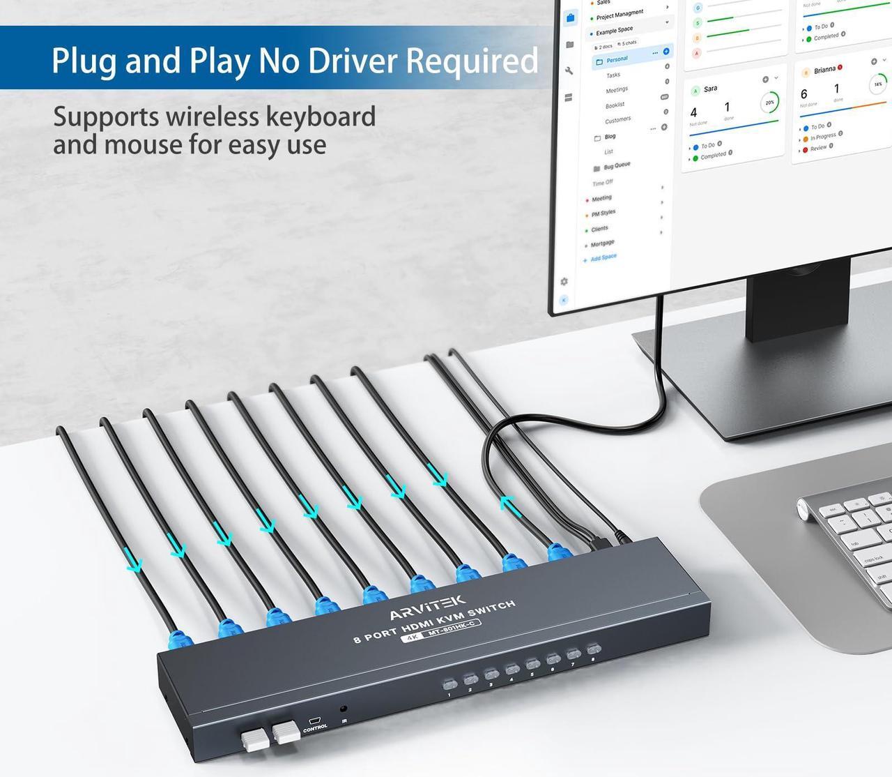 Alt view image 3 of 5 - Arvitek HDMI KVM Switch 8 Port 4K@30Hz, 8 in 1 Out KVM Switcher with USB2.0 Hubs+ IR Remote Control + Desktop Selector + 8 PCs 2 in 1 kvm Cables