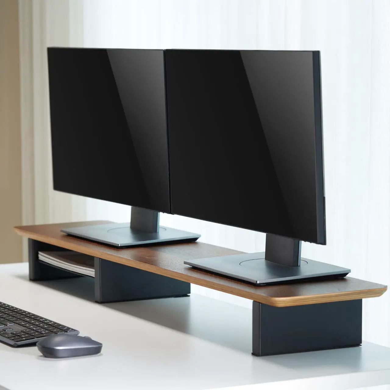 Alt view image 3 of 5 - XL Walnut Wood Monitor Stand for Desk (44 Inch) Large Monitor Stands for 2 Monitors, Desk Shelf for Top of Desk Walnut Monitor Shelf