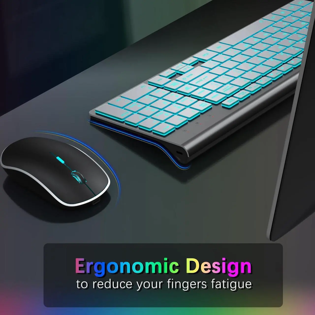 Alt view image 4 of 5 - J JOYACCESS Wireless Keyboard and Mouse Combo with 7 Backlit Options,Quiet Light Up Keys,Type-C Rechargeable,Sleep Mode-2.4G Slient Portable Cordless Combo for Laptop/PC/Computer/Mac(Grey+Sliver)