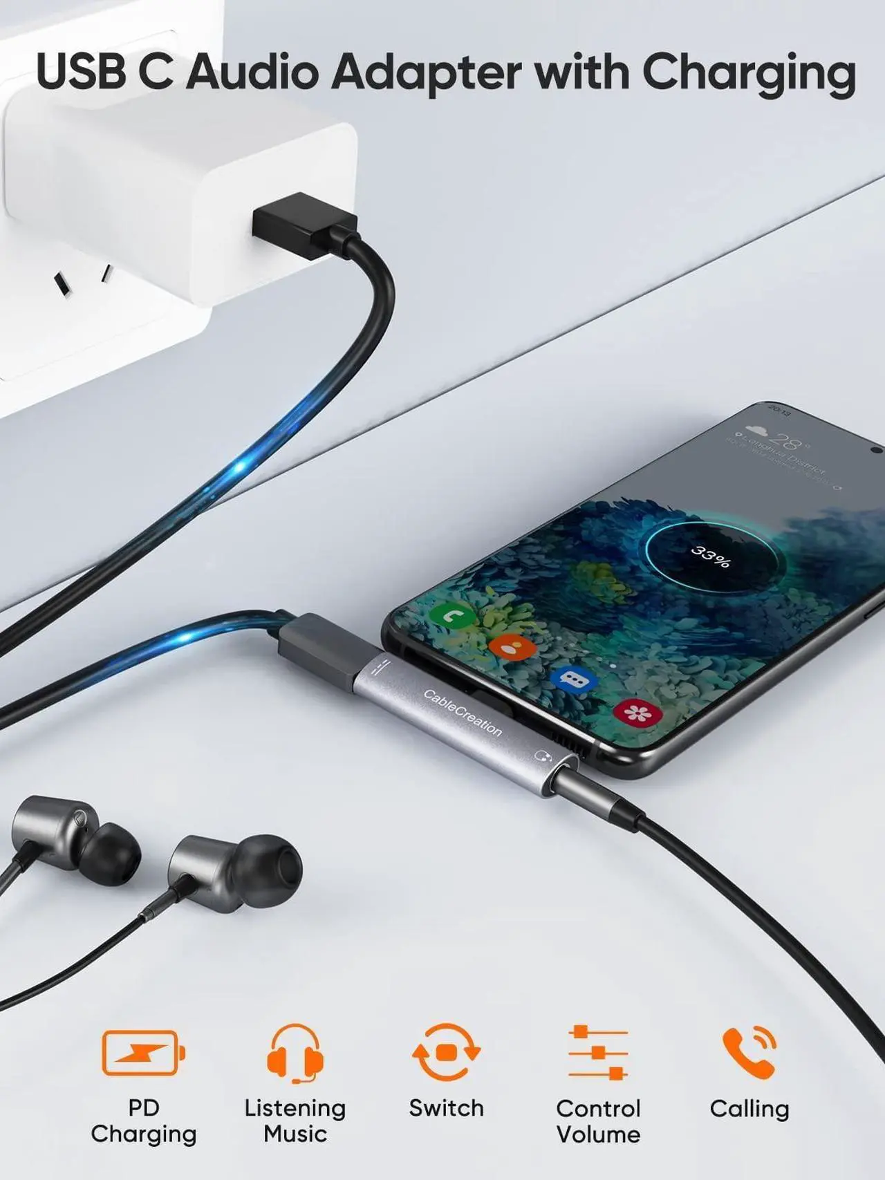 Alt view image 5 of 5 - CableCreation Aux Cable(6Ft/1.8M) Bundle with USB C to 3.5mm Headphone and Charger Adapter