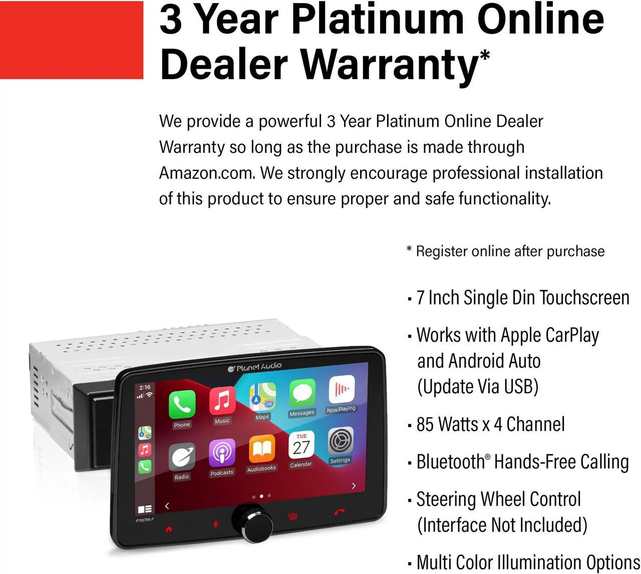 Alt view image 3 of 5 - Planet Audio P70CPA-F Car Stereo - Apple CarPlay, Android Auto, Single Din, 7 Inch Touchscreen, Bluetooth, No CD DVD Player, AM/FM Radio Receiver