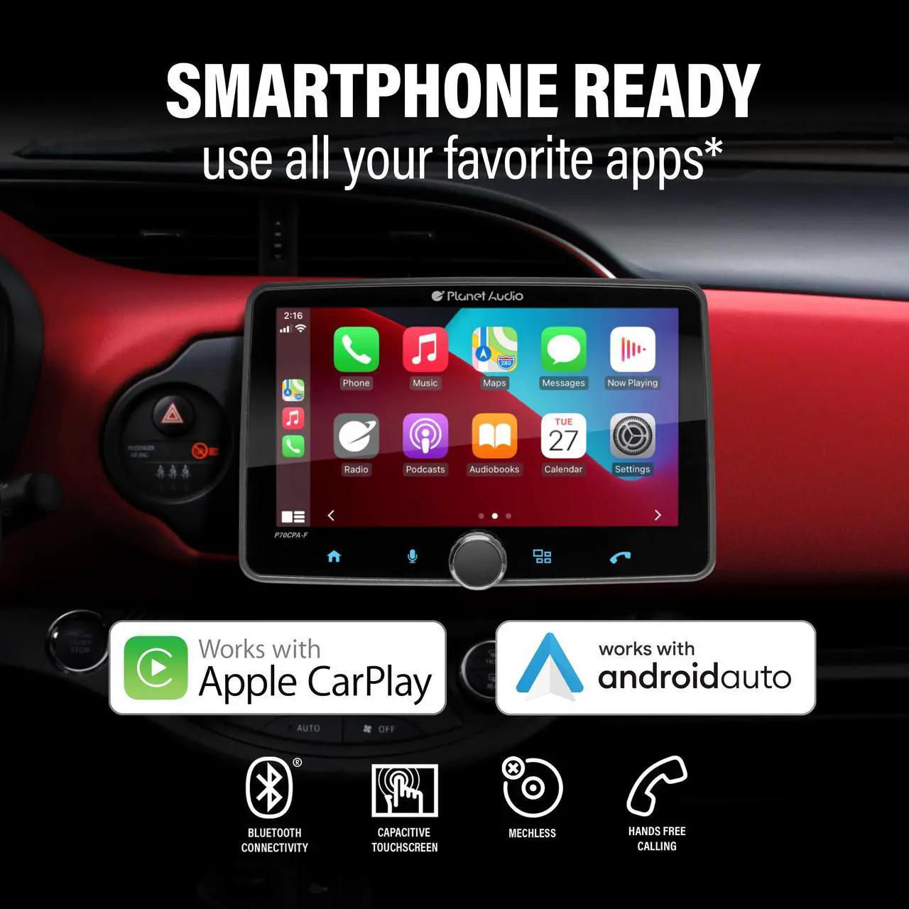 Alt view image 2 of 5 - Planet Audio P70CPA-F Car Stereo - Apple CarPlay, Android Auto, Single Din, 7 Inch Touchscreen, Bluetooth, No CD DVD Player, AM/FM Radio Receiver