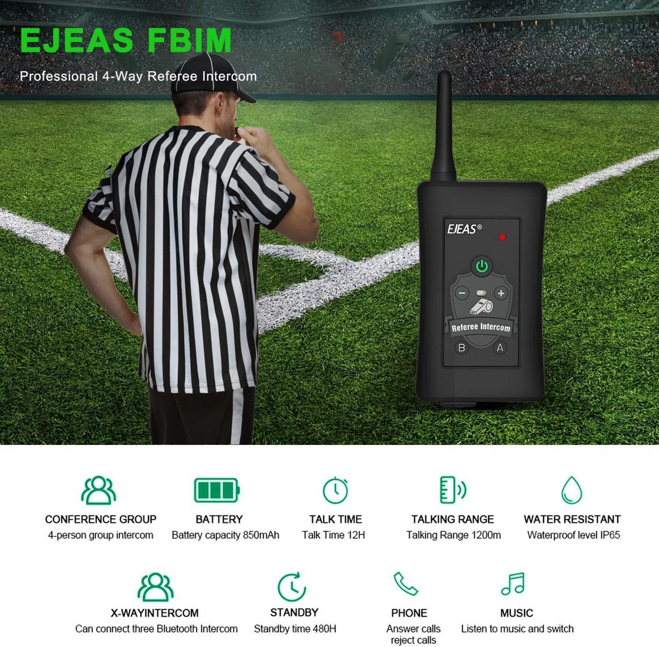Alt view image 2 of 5 - EJEAS FBIM Professional Referee Bluetooth Intercom Headset, 4-Way 1500M Referee Communication System with Noise Reduction/Waterproof/850mAh/Armband for Football and Handball Sports (2PCS)