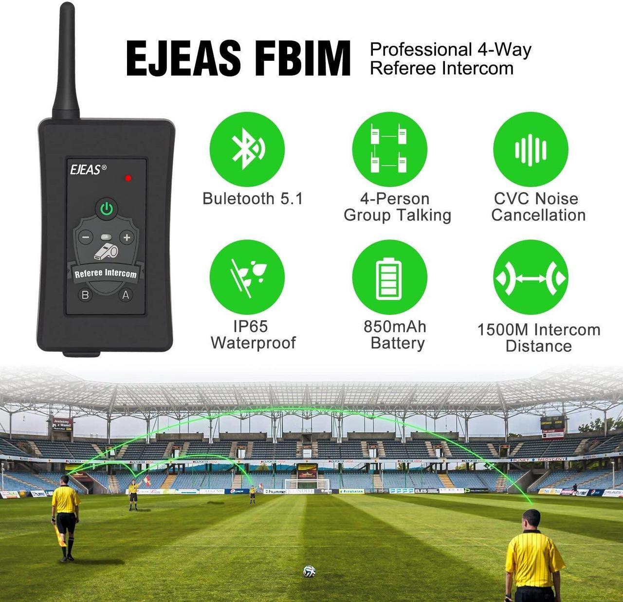 Alt view image 3 of 5 - EJEAS FBIM Professional Referee Bluetooth Intercom Headset, 4-Way 1500M Referee Communication System with Noise Reduction/Waterproof/850mAh/Armband for Football and Handball Sports (2PCS)