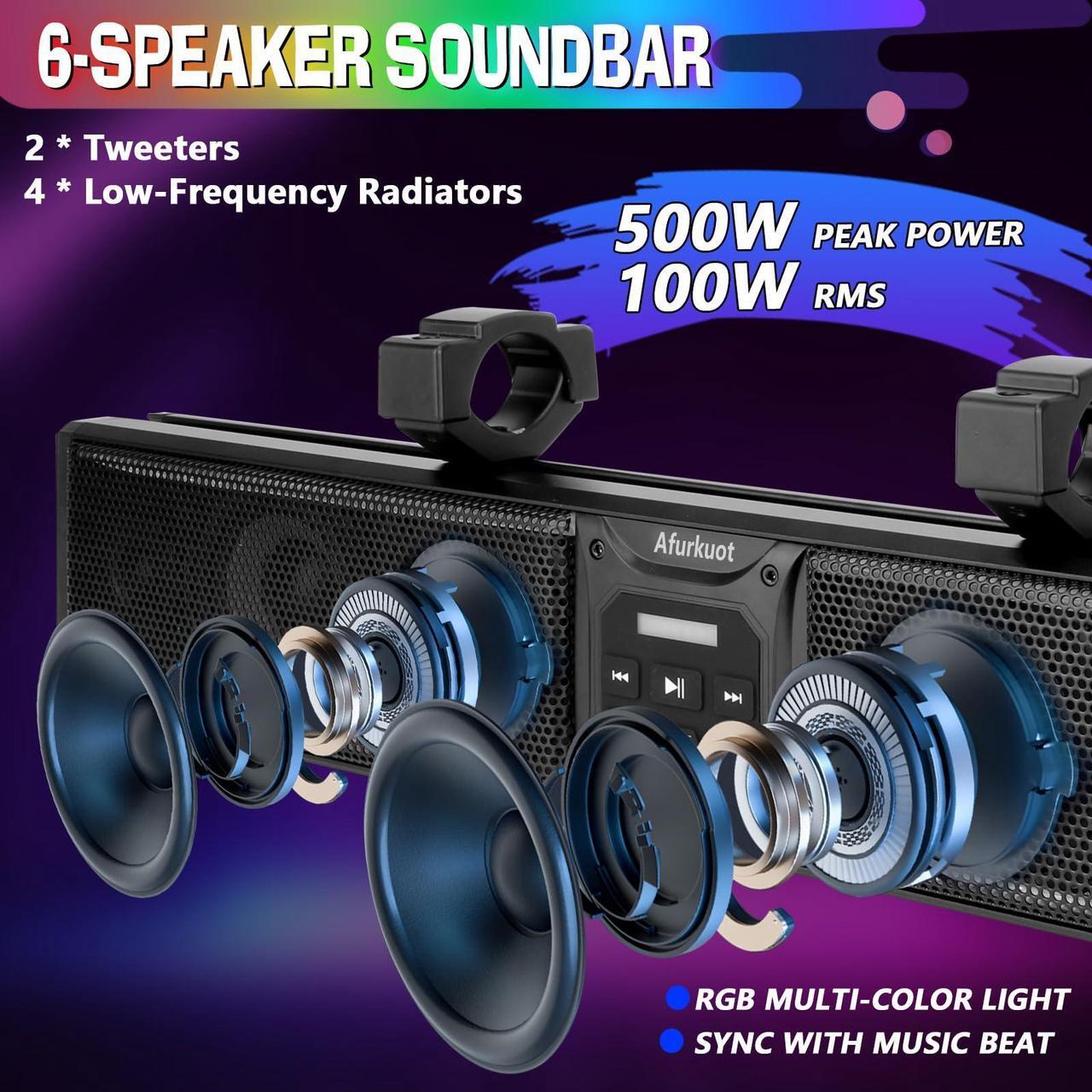 Alt view image 5 of 5 - Afurkuot UTV Soundbar Waterproof 26-Inch ATV Sound Bar, Music Sync Multicolor 6-Speaker Golf Cart Sound Bar with Back Light Strip, Power Soundbar for ATV UTV Golf Cart w/1.6-2.25" Roll Bar