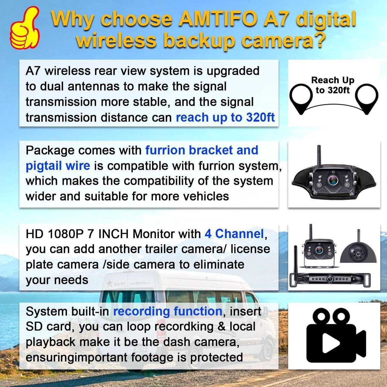 Alt view image 2 of 5 - Wireless Backup Camera for Furrion RV: 7-Inch Recording Plug-Play Easy Setup Truck Trailer Back Rear View Camera Touch Button Monitor Split Screen 4 Channels AMTIFO A7