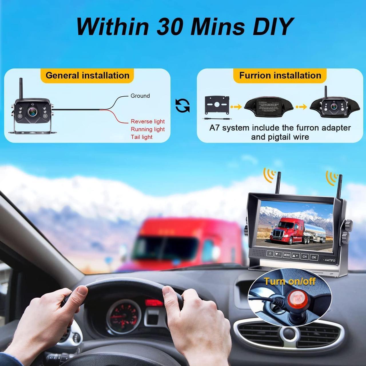 Alt view image 3 of 5 - Wireless Backup Camera for Furrion RV: 7-Inch Recording Plug-Play Easy Setup Truck Trailer Back Rear View Camera Touch Button Monitor Split Screen 4 Channels AMTIFO A7