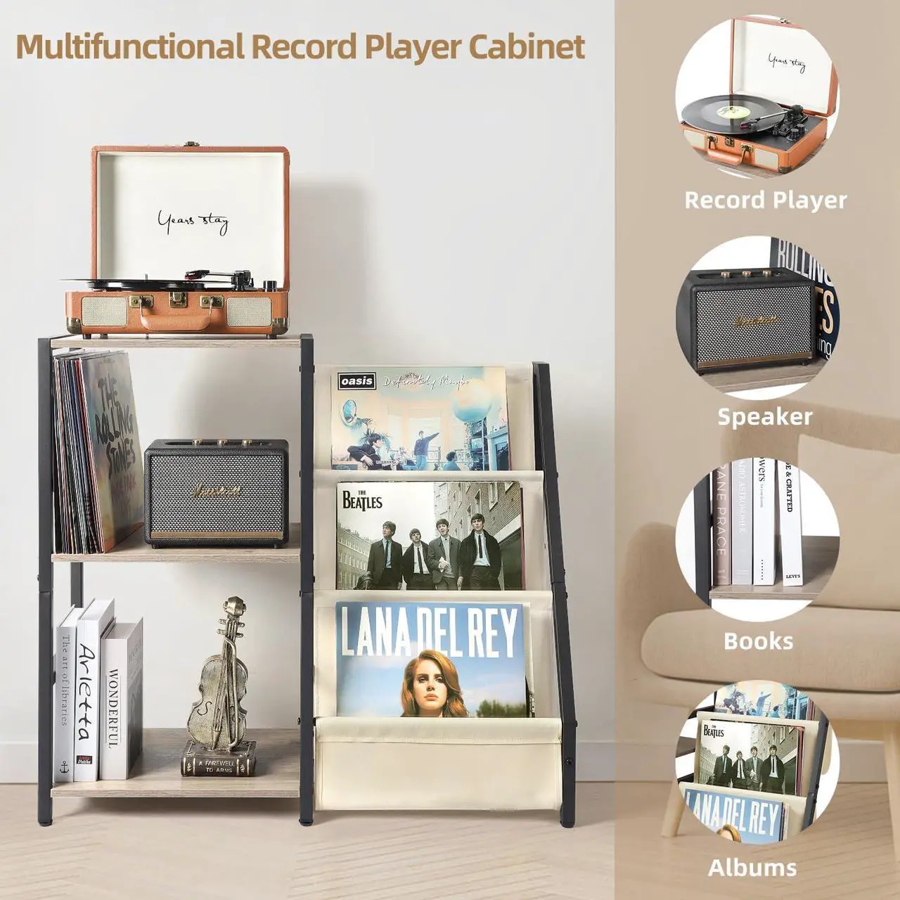Alt view image 2 of 5 - Bikoney Record Player Stand, Turntable Stand with 3-Tier Vinyl Record Storage, Record Player Table Up to 200 Albums, End Table for Vinyl Records, Vinyl Record Holder Cabinet for Living Room White