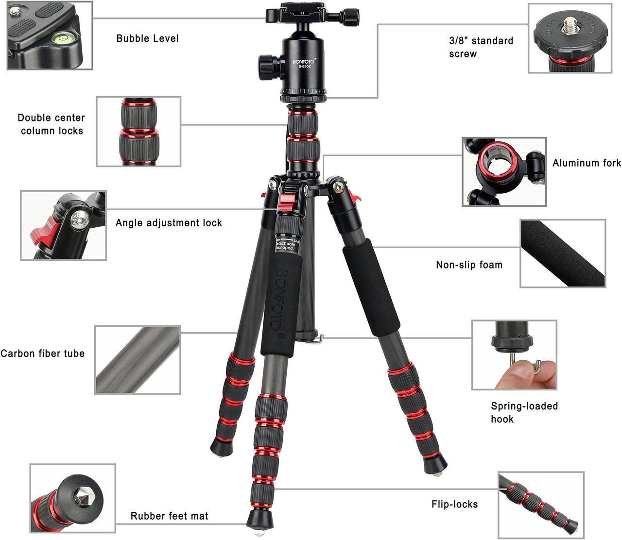 Alt view image 2 of 5 - BONFOTO B690C Lightweight Carbon Fiber Portable Tripod Compact Travel Camera Tripod Monopod with 360 Degree Ball Head,1/4" Quick Release Plate and Carry Bag for DSLR Cameras