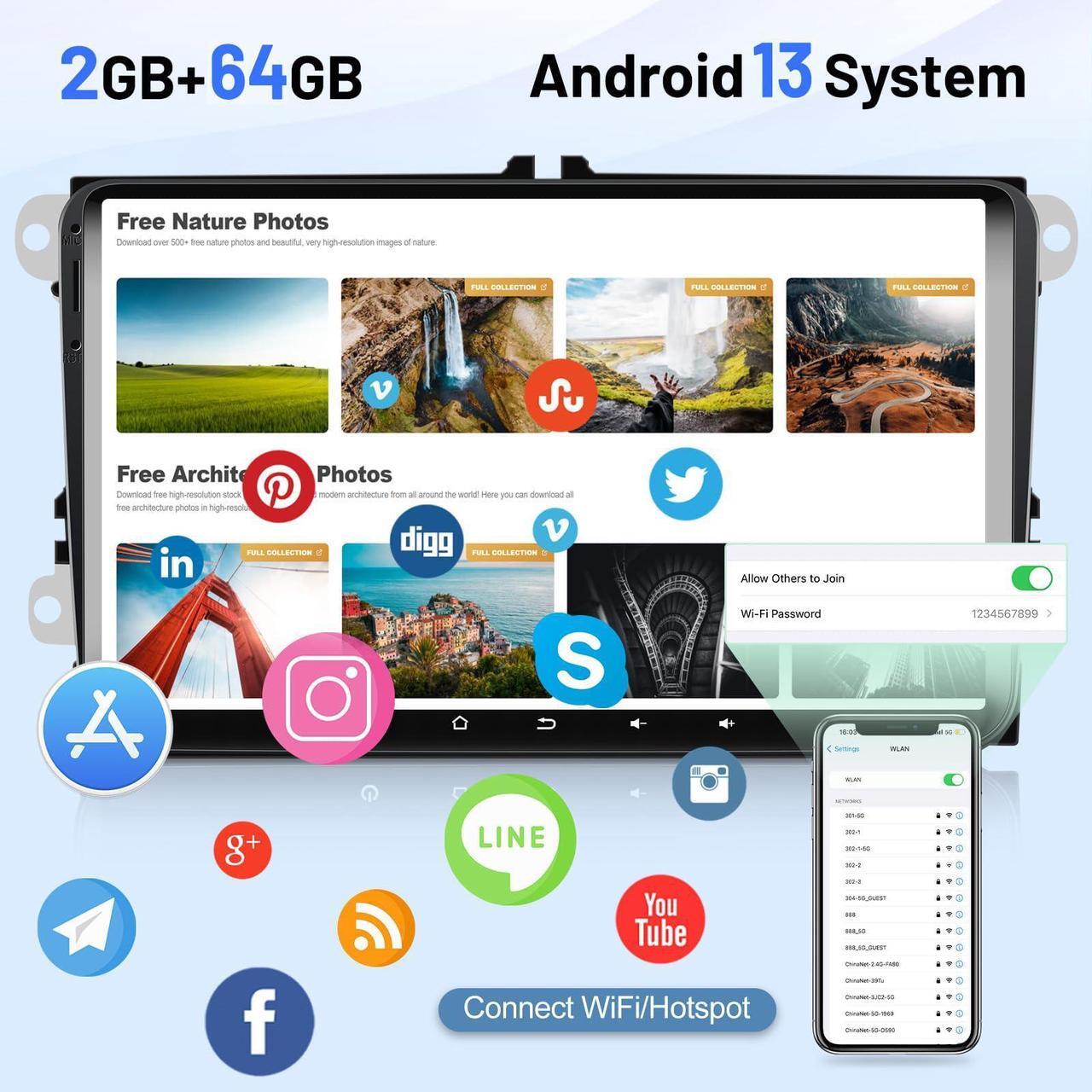 Alt view image 4 of 5 - [2+64G] 9 inch Android 13 Car Radio for VW Passat Jetta Seat Golf Skoda Polo Tiguan Beetle, Touch Screen Volkswagen Stereo with CarPlay/Android Auto/Bluetooth/GPS/WiFi +AHD Backup Camera+MIC