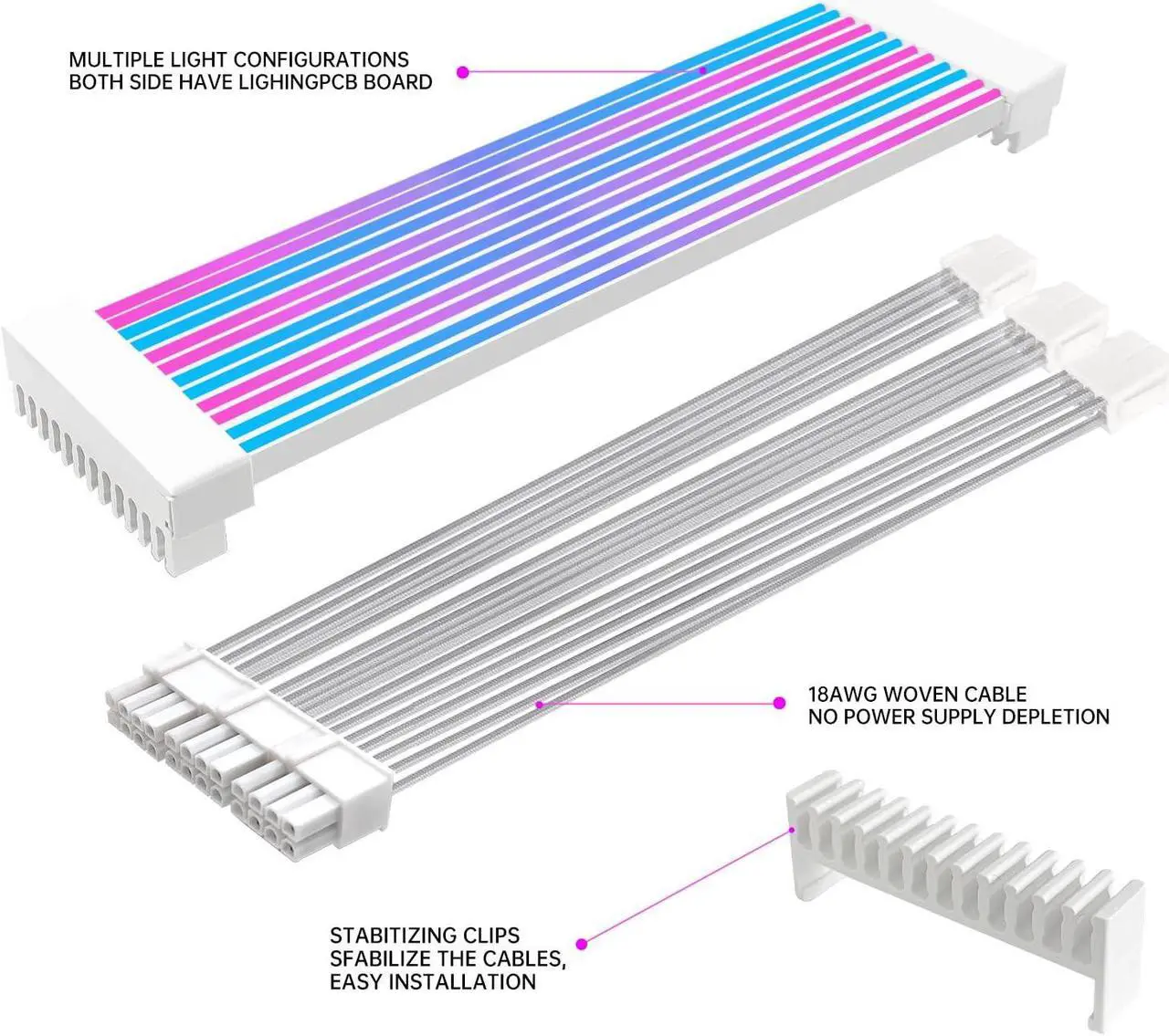 Alt view image 2 of 5 - RGB PC Cables,All White 3x8 pin RGB Cable Extension PC for CPU/PCIE,5V 3Pin Sync RGB PSU Cables.