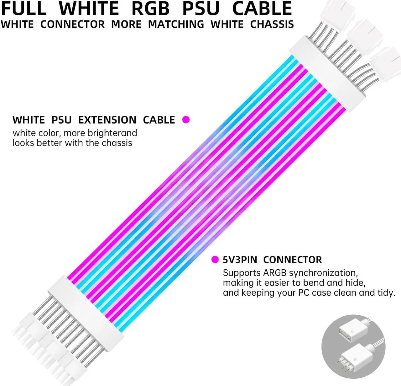 Alt view image 3 of 5 - RGB PC Cables,All White 3x8 pin RGB Cable Extension PC for CPU/PCIE,5V 3Pin Sync RGB PSU Cables.