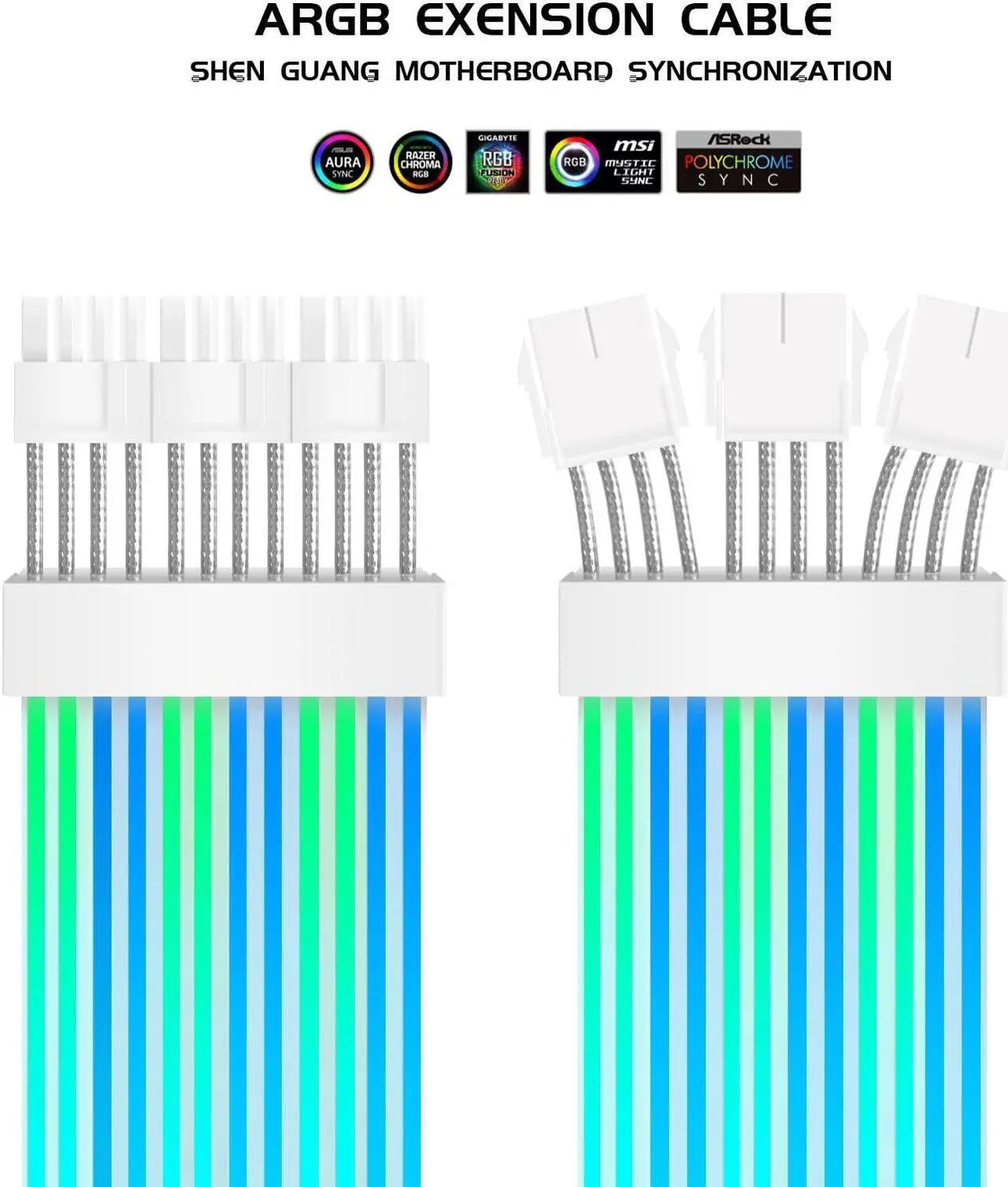 Alt view image 4 of 5 - RGB PC Cables,All White 3x8 pin RGB Cable Extension PC for CPU/PCIE,5V 3Pin Sync RGB PSU Cables.
