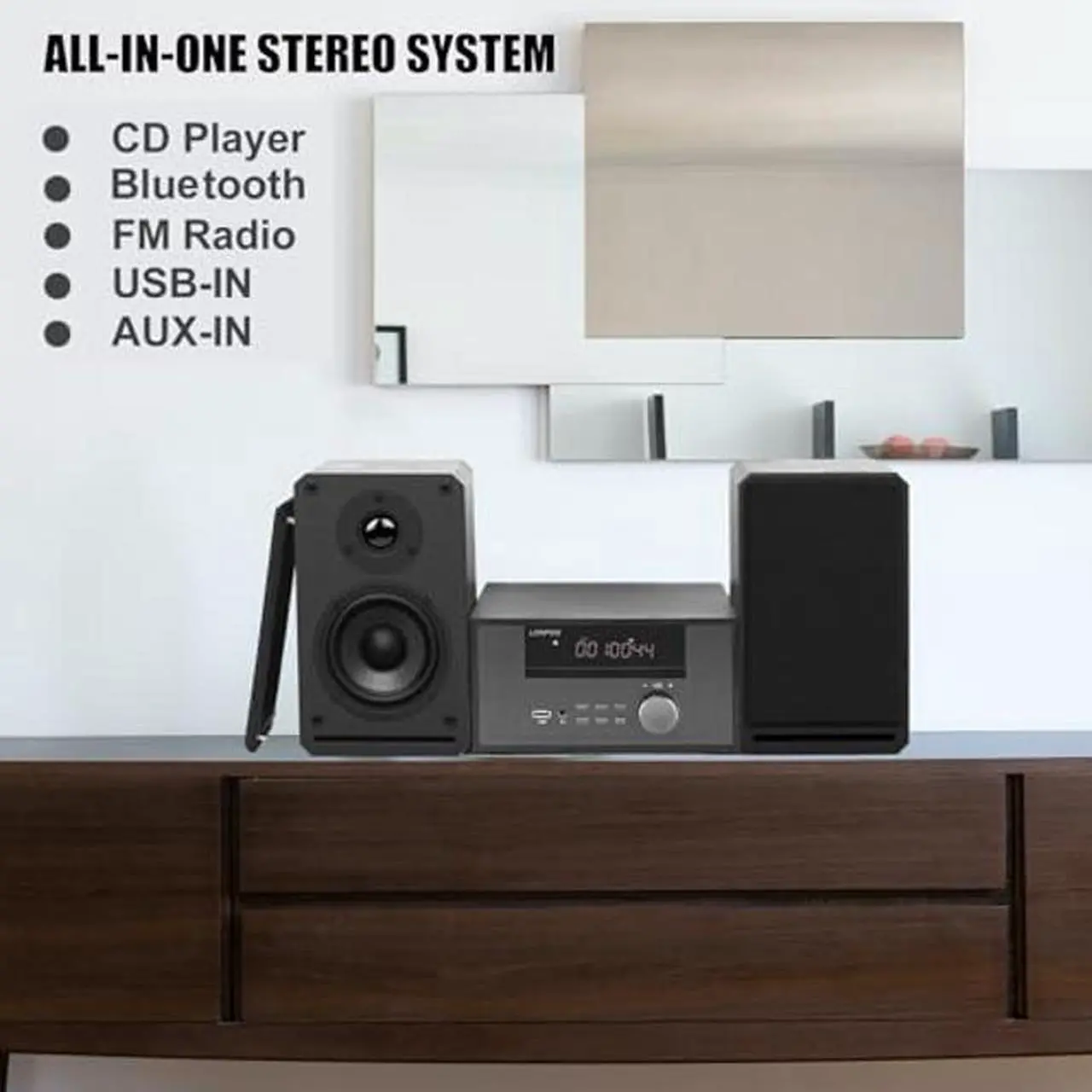 Alt view image 2 of 5 - Home CD Stereo Shelf System,100W Hi-Fi Bookshelf Speskers System (CD Player, FM Radio, Wireless Bluetooth, USB Playback, AUX, Headphone Jack)