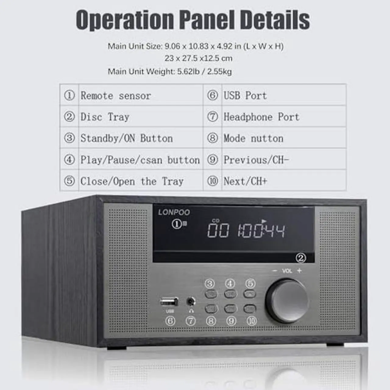 Alt view image 5 of 5 - Home CD Stereo Shelf System,100W Hi-Fi Bookshelf Speskers System (CD Player, FM Radio, Wireless Bluetooth, USB Playback, AUX, Headphone Jack)