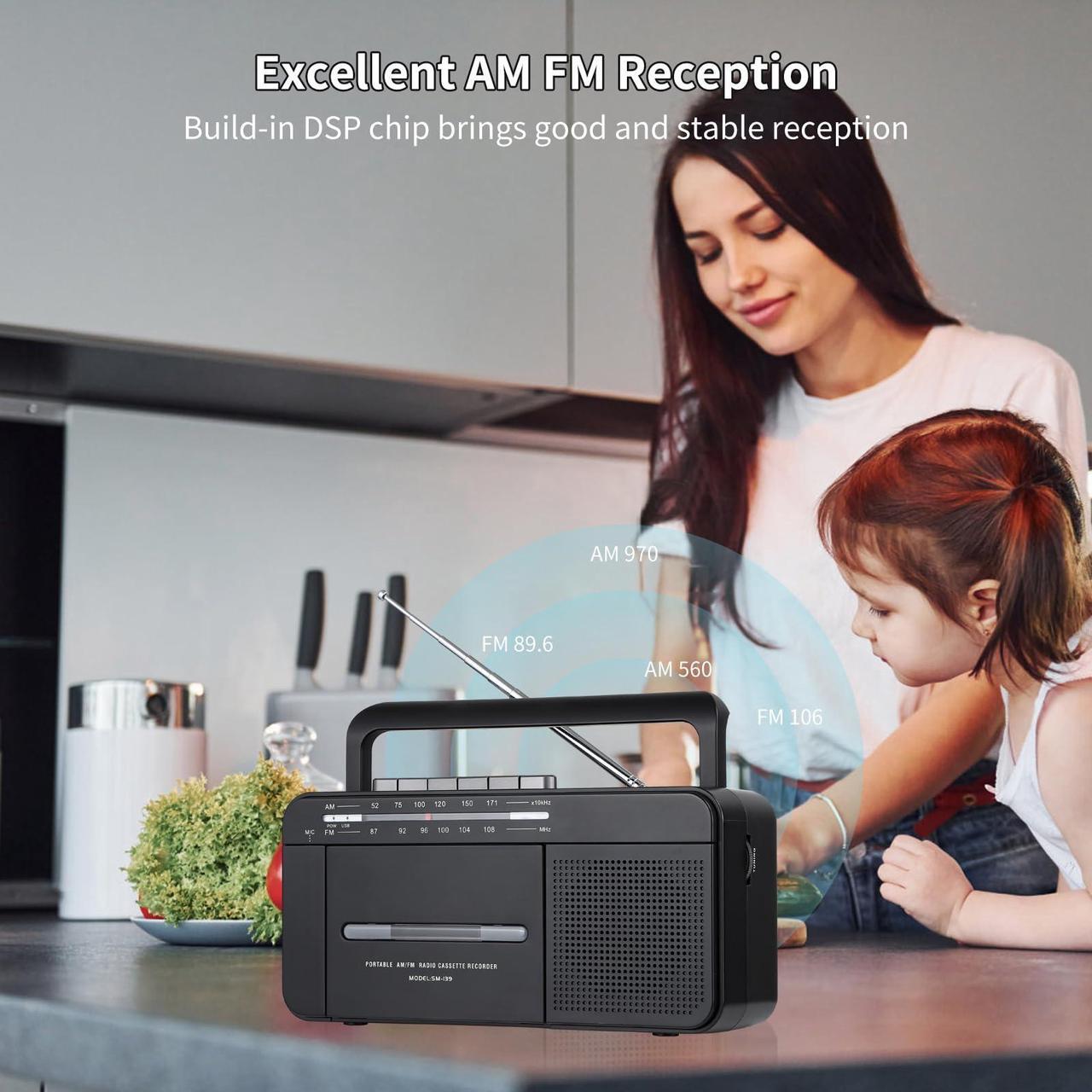 Alt view image 4 of 5 - SEMIER Boombox MP3 Conversion Cassette Tape Player Recorder AM FM Radio, Cassette to MP3 Digital Converter, USB Recording, Built-in Microphone, Big Speaker and Earphone Jack by AC or C Batteries