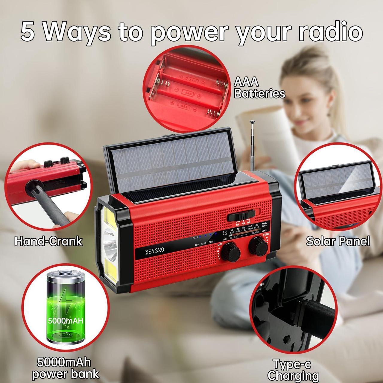 Alt view image 3 of 5 - Emergency Radio Hand Crank Solar,AM/FM/WB NOAA Weather Radios with Oversized Solar Powered Power Panel,Type-C charger,3W Flashlight & Reading Lamp,SOS Alarm,5000 mAh Battery Operated Survival Radio