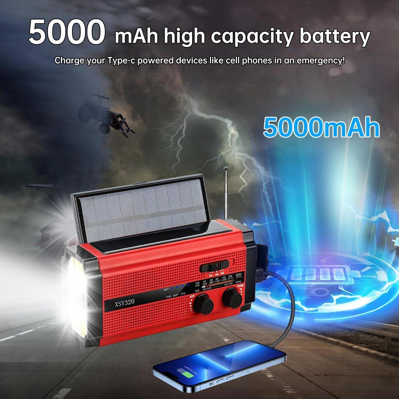 Alt view image 4 of 5 - Emergency Radio Hand Crank Solar,AM/FM/WB NOAA Weather Radios with Oversized Solar Powered Power Panel,Type-C charger,3W Flashlight & Reading Lamp,SOS Alarm,5000 mAh Battery Operated Survival Radio