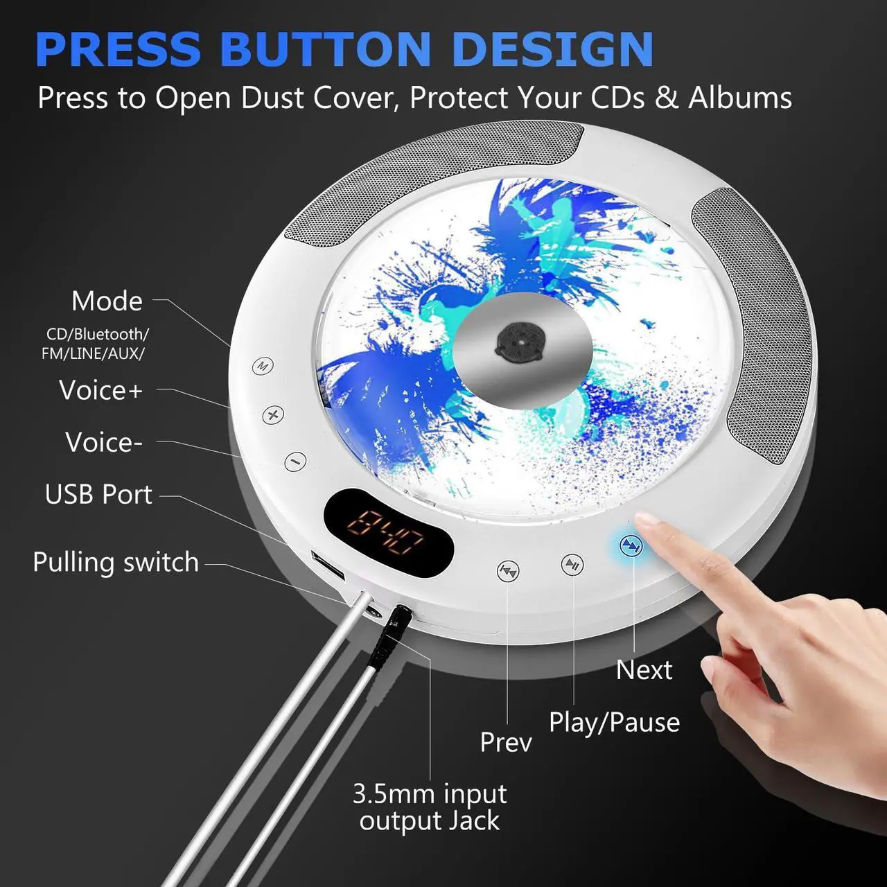 Alt view image 2 of 5 - CD Player Bluetooth, Desktop CD Players Wall Mountable, Portable CD Music Player for home, Built-in 2X 5W Speakers Supports FM/Bluetooth Receiver/USB 2.0/ AUX Input, Dust Cover, LCD Display