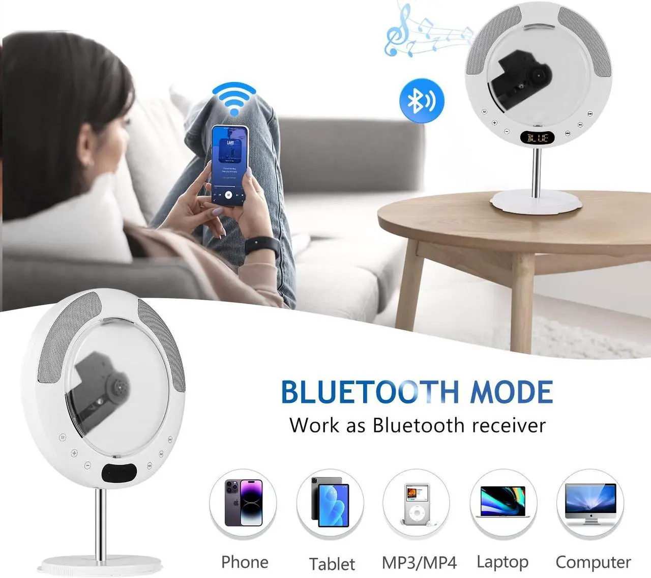 Alt view image 3 of 5 - CD Player Bluetooth, Desktop CD Players Wall Mountable, Portable CD Music Player for home, Built-in 2X 5W Speakers Supports FM/Bluetooth Receiver/USB 2.0/ AUX Input, Dust Cover, LCD Display